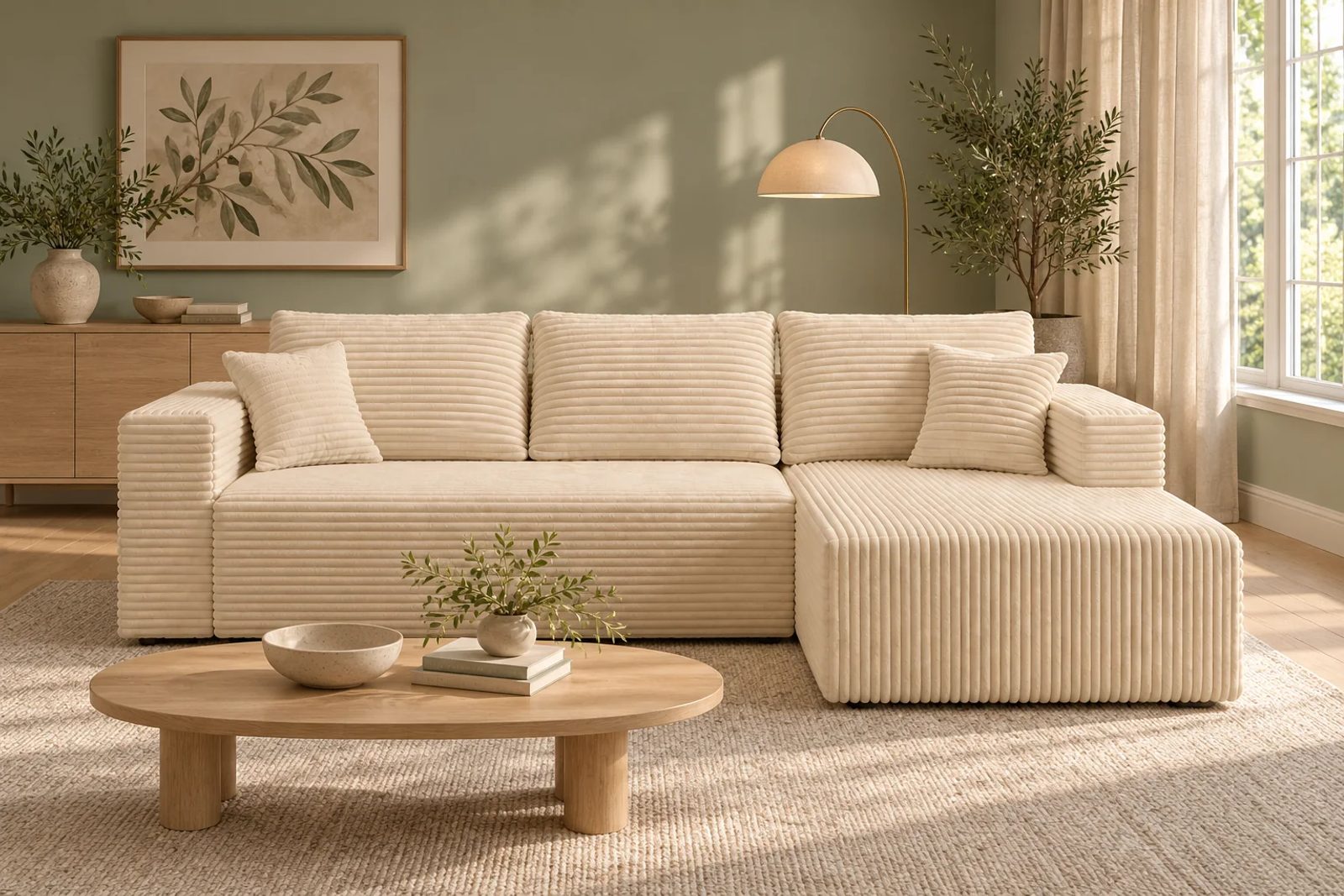 Cream White ULTI ONE THE L compressed sofa with its single chaise, pale oak furniture, sage accents and an oatmeal rug.