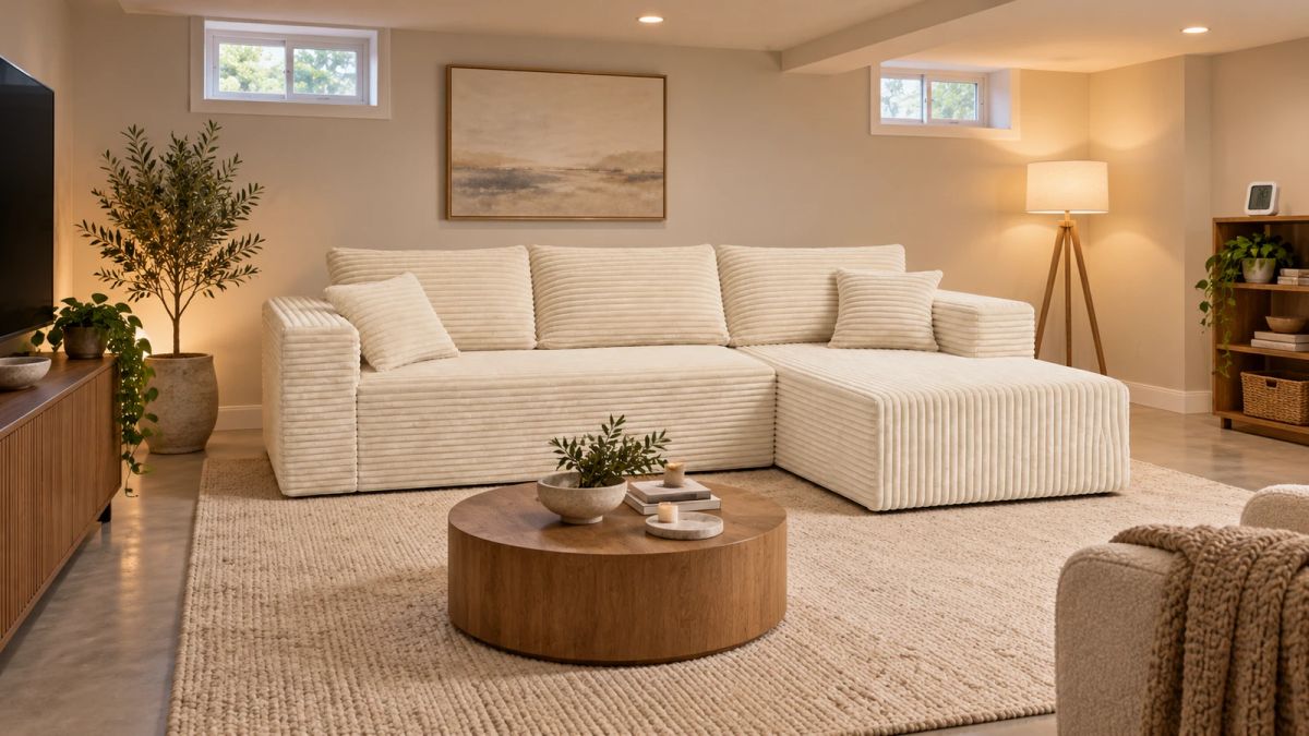 An illustrated finished basement seating area with a cream wide-wale corduroy L-shaped compressed sofa and open floor space.