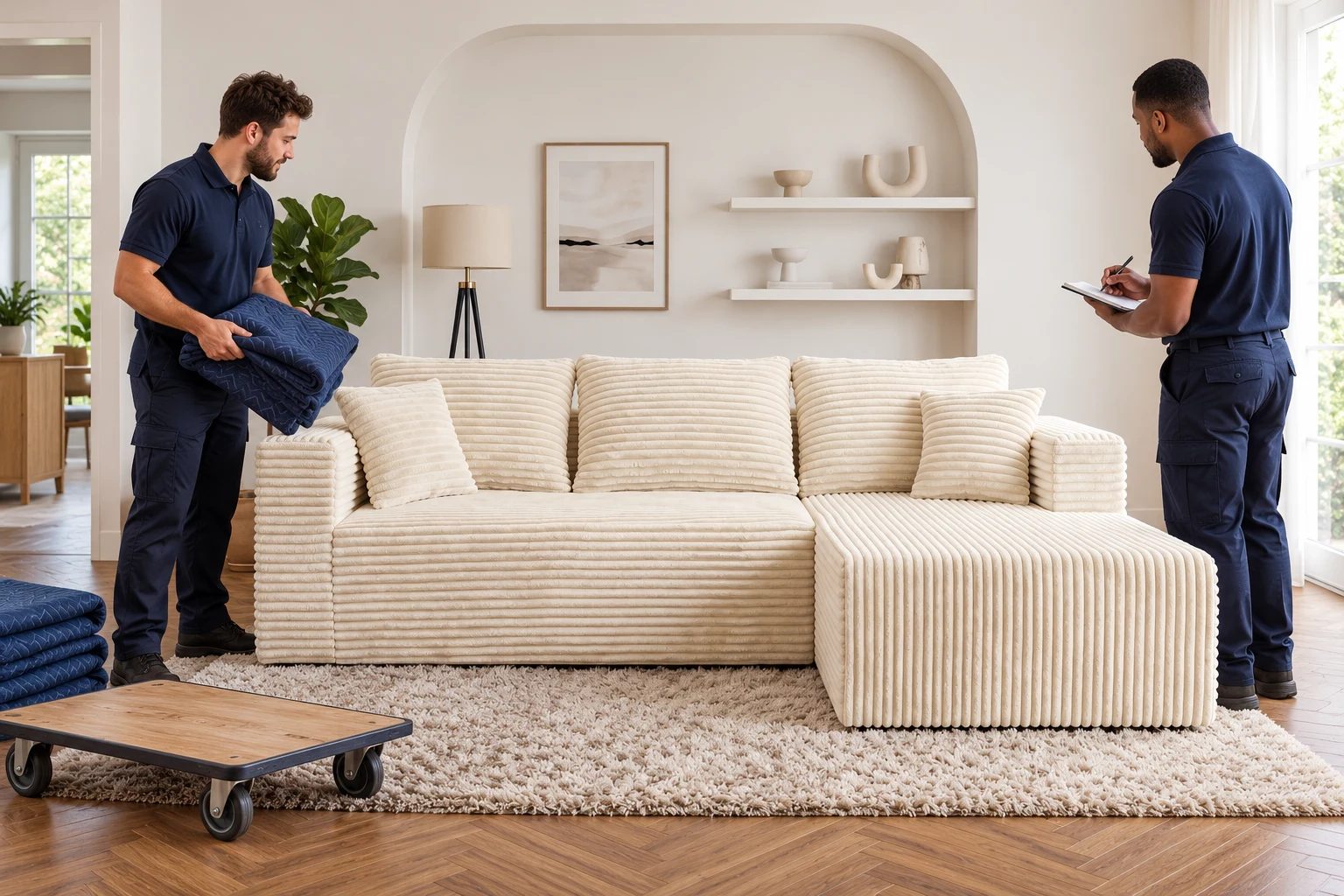 Moving blankets and a dolly are prepared beside an expanded corduroy sofa while the route is checked.