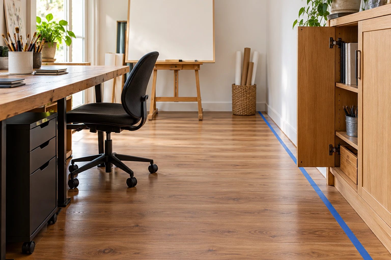 Reserve the route with the desk chair and storage in their working positions.