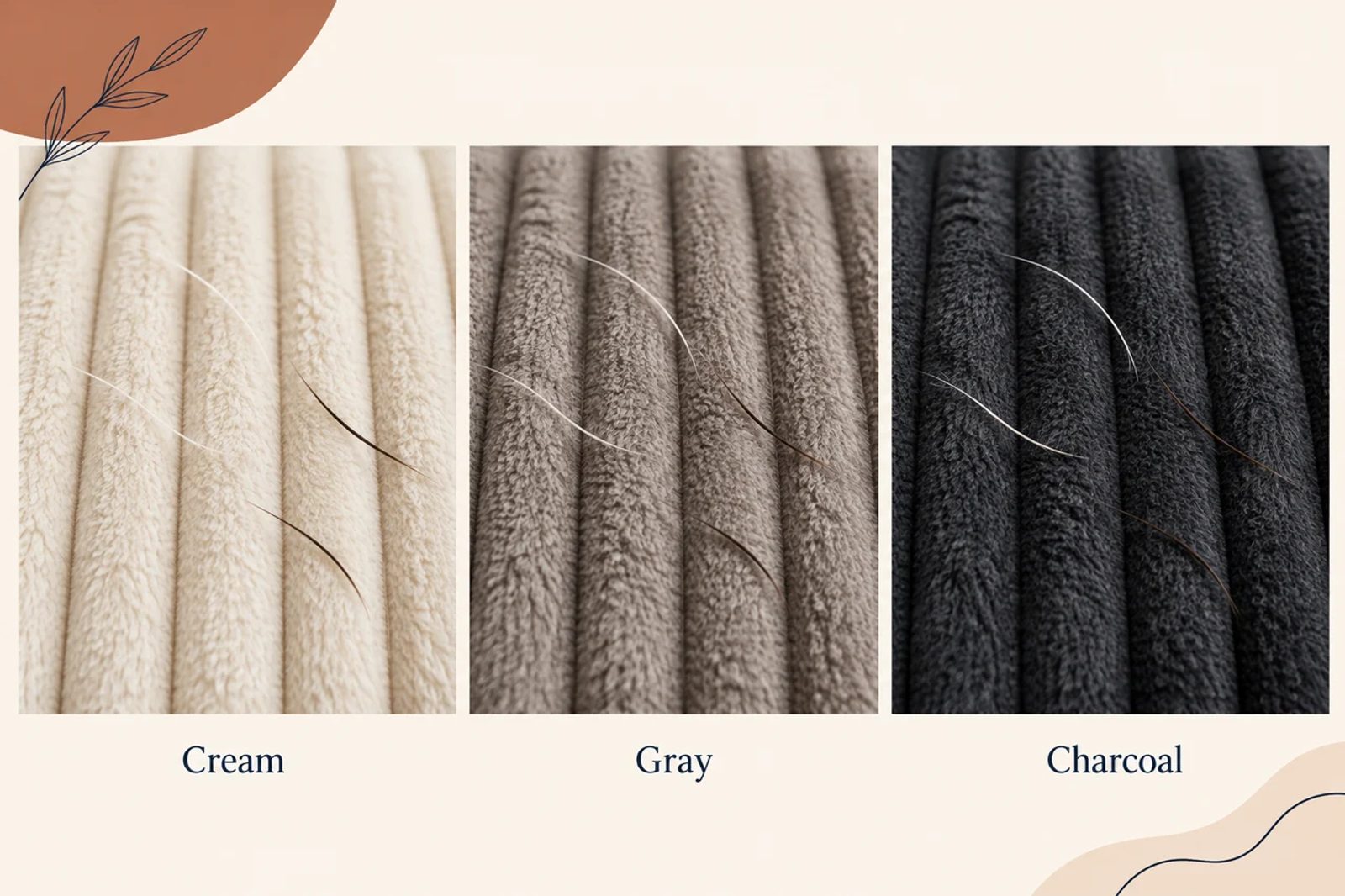 Light and dark dog hairs are shown against cream, gray and charcoal corduroy swatches.