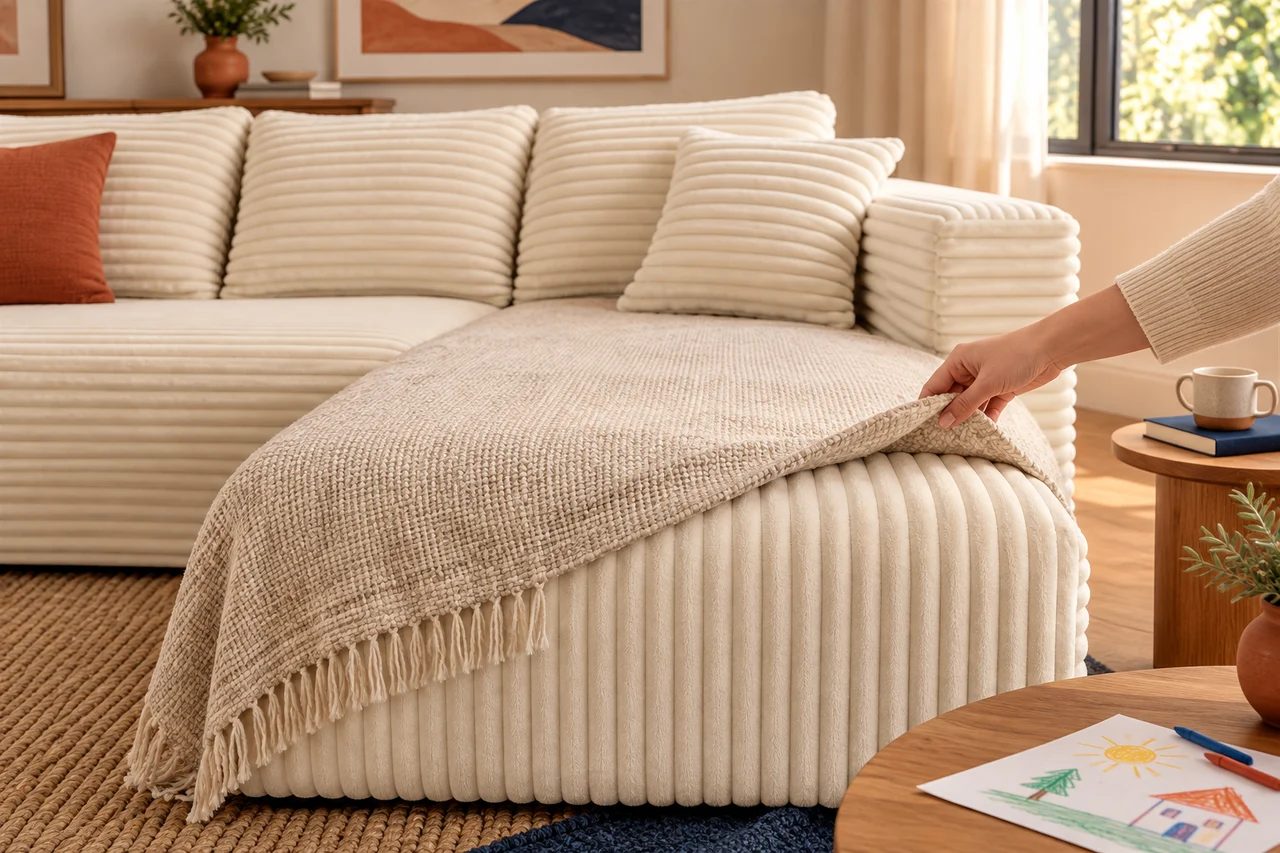 A small throw lifts away from the favorite sitting spot on a cream corduroy chaise.