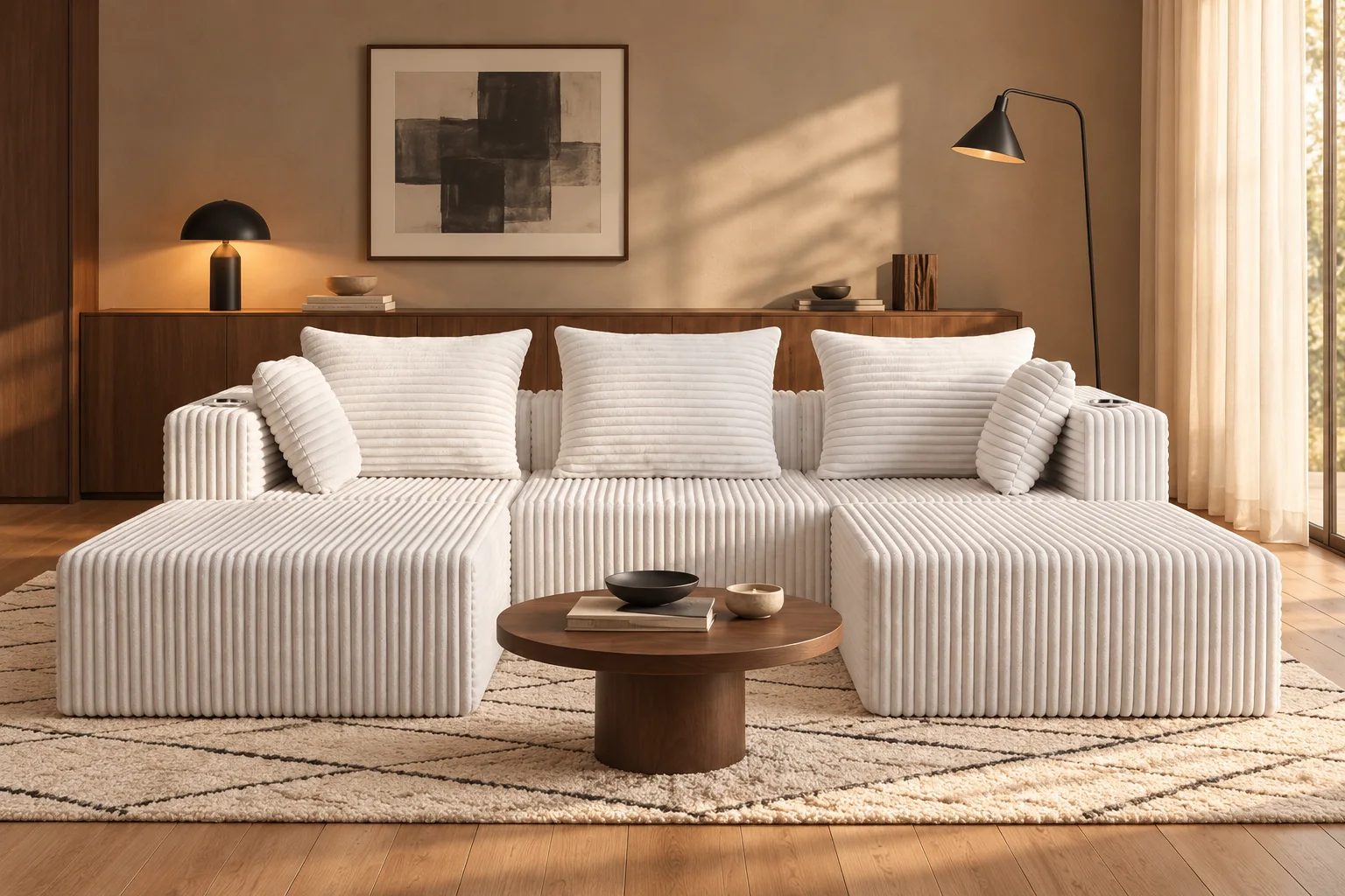 Cream White ULTI ONE THE BIG UX compressed sofa with two matching ottomans, warm greige walls, walnut furniture, black accents and an ivory-and-taupe rug.