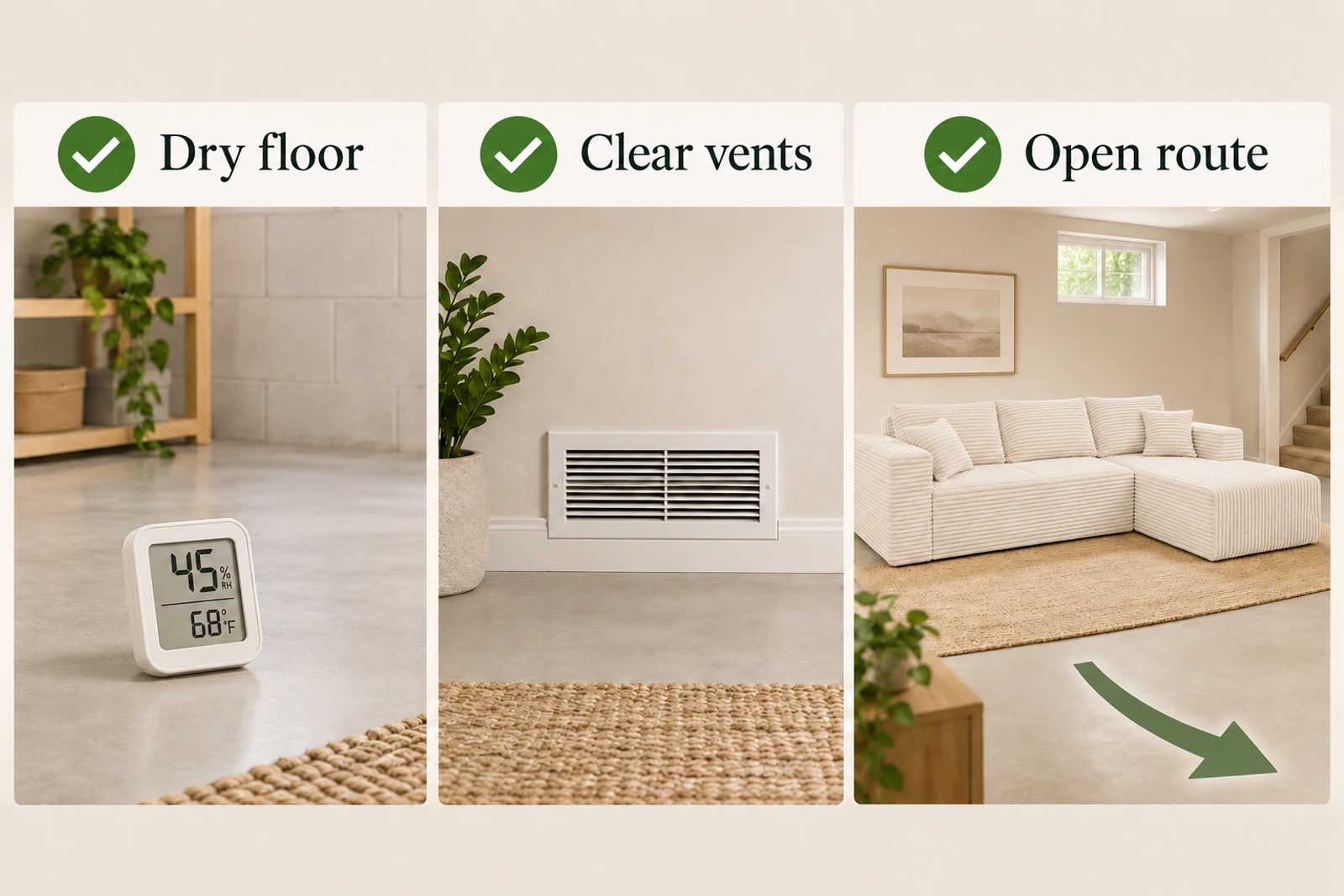A three-part basement illustration checks a dry floor, an accessible vent and an open route past the seating.