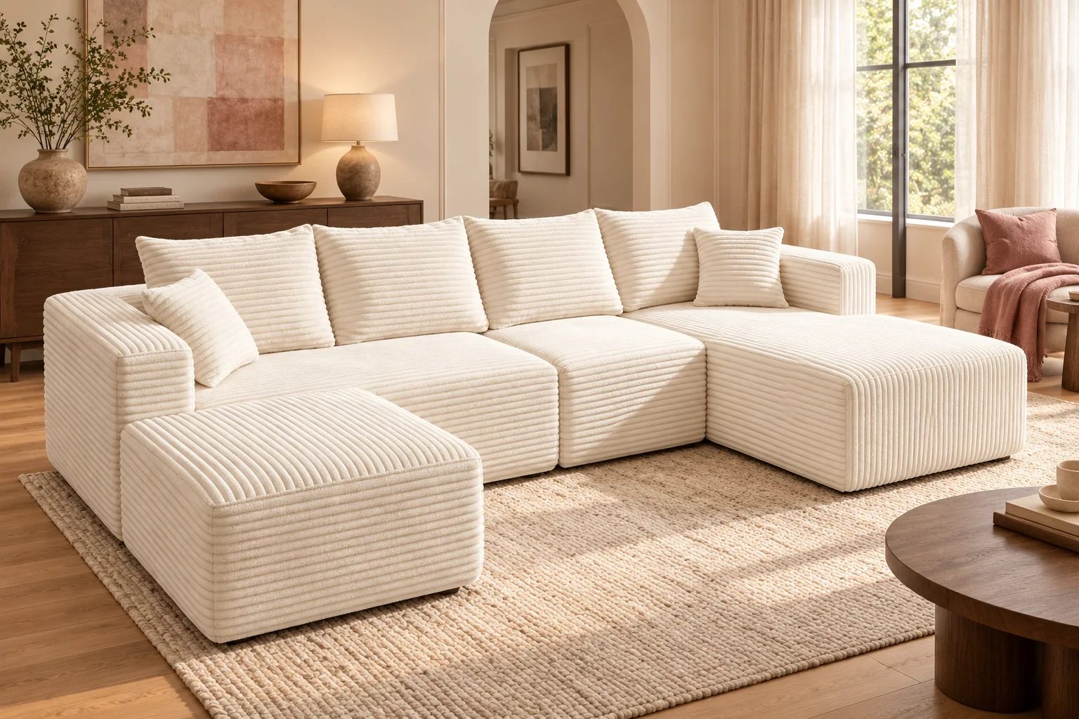 Cream White ULTI ONE THE BIG U compressed sofa with its wider center seating, cocoa-toned wood, muted rose accents and a taupe-and-cream rug.