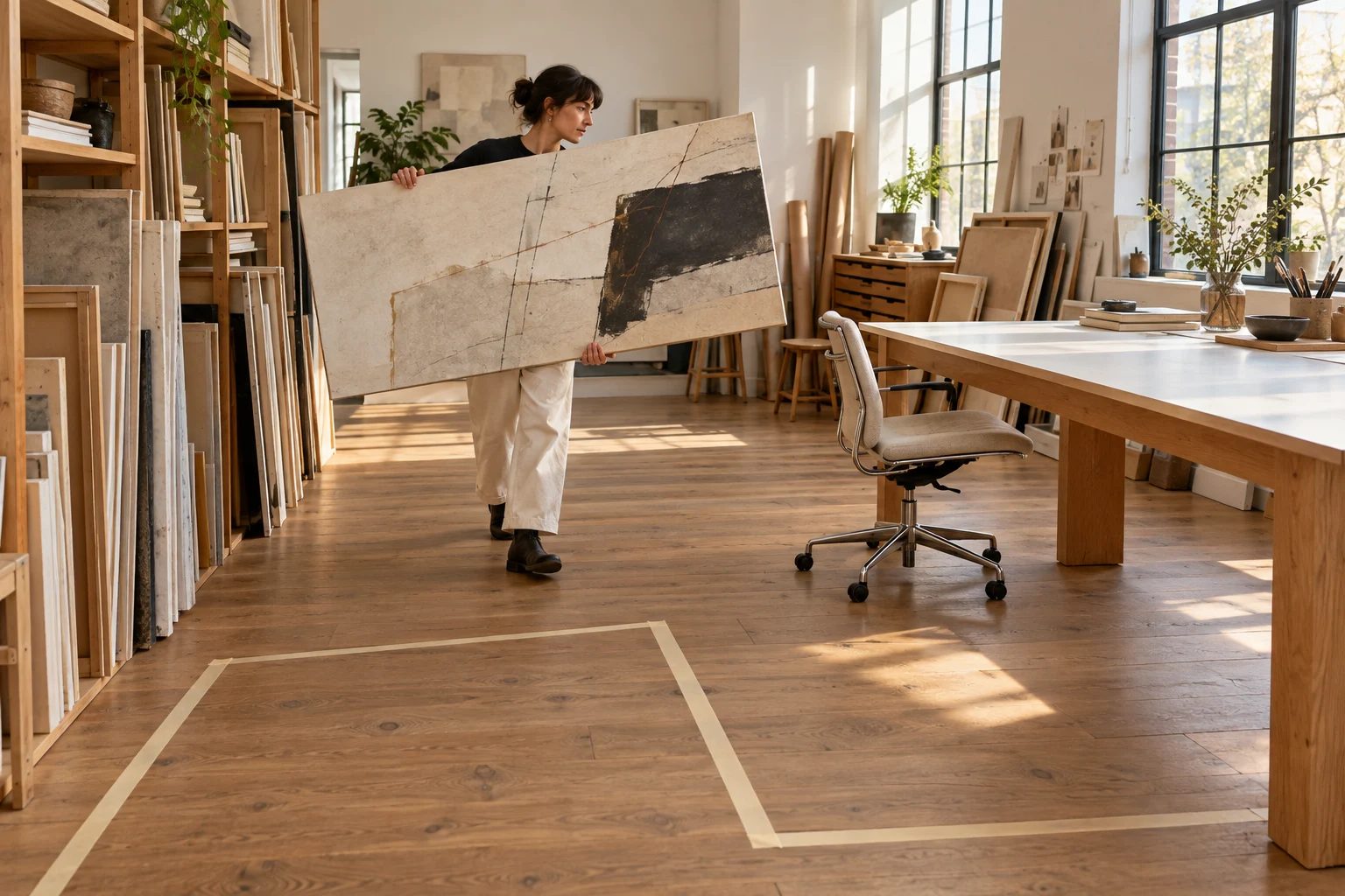A designer carrying a large artwork past a pulled-back desk chair and taped seating boundary.