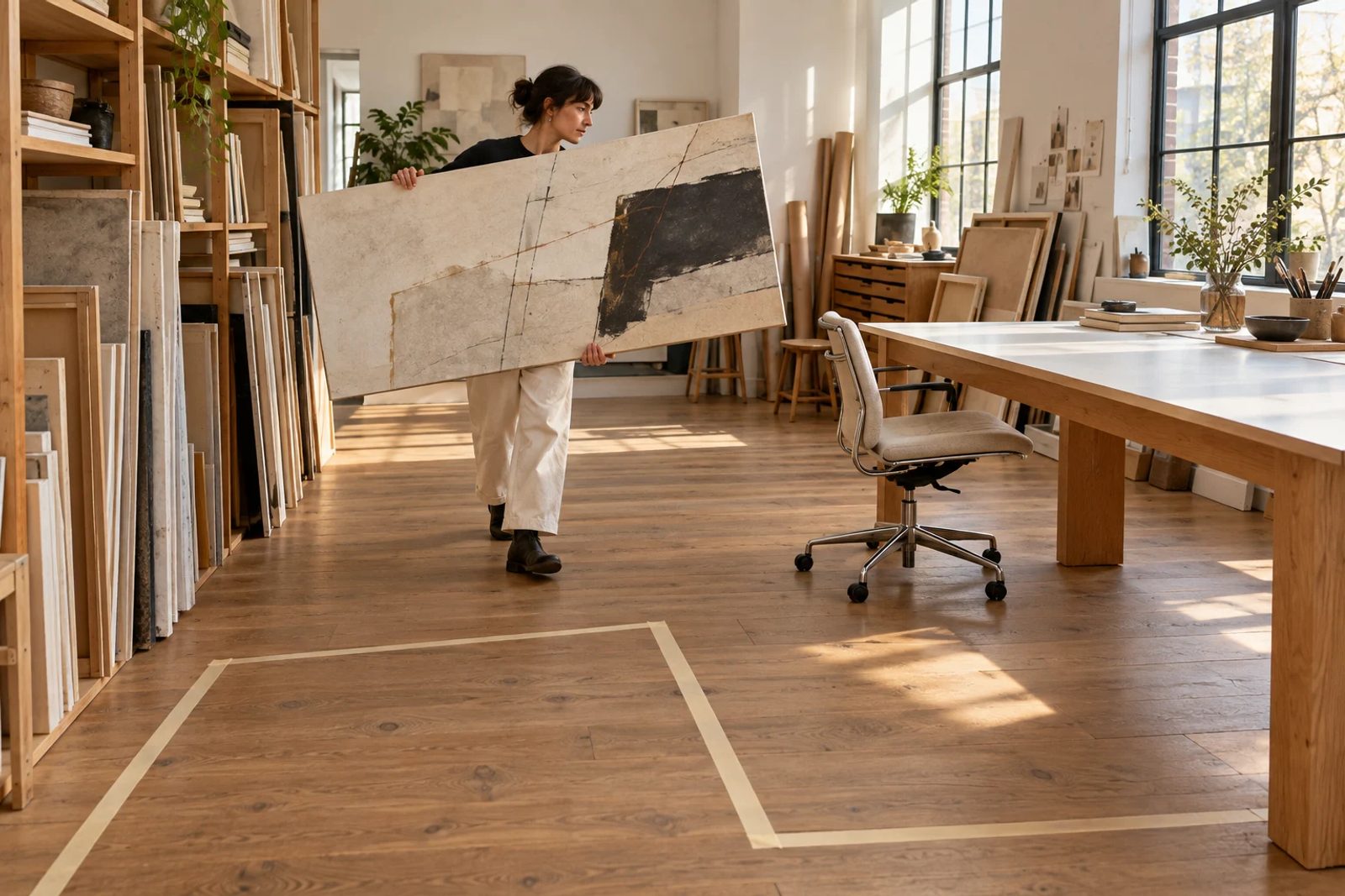 A designer carrying a large artwork past a pulled-back desk chair and taped seating boundary.
