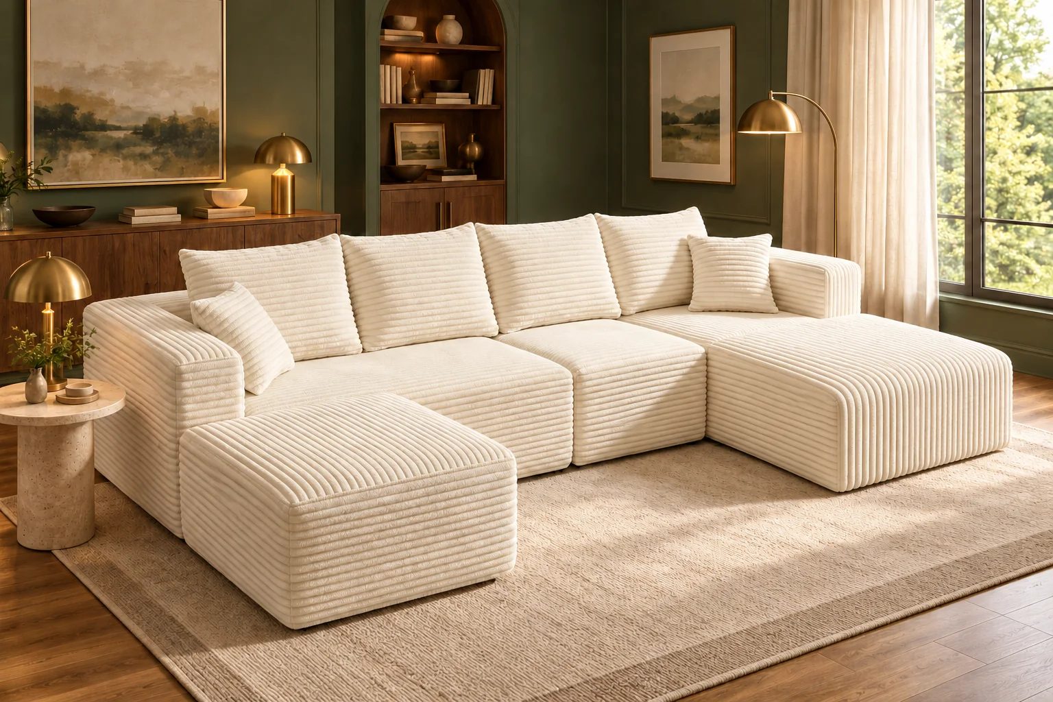 Cream White ULTI ONE THE BIG U compressed sofa in front of a forest-green feature wall with walnut furniture, warm brass details and a cream-and-olive rug.