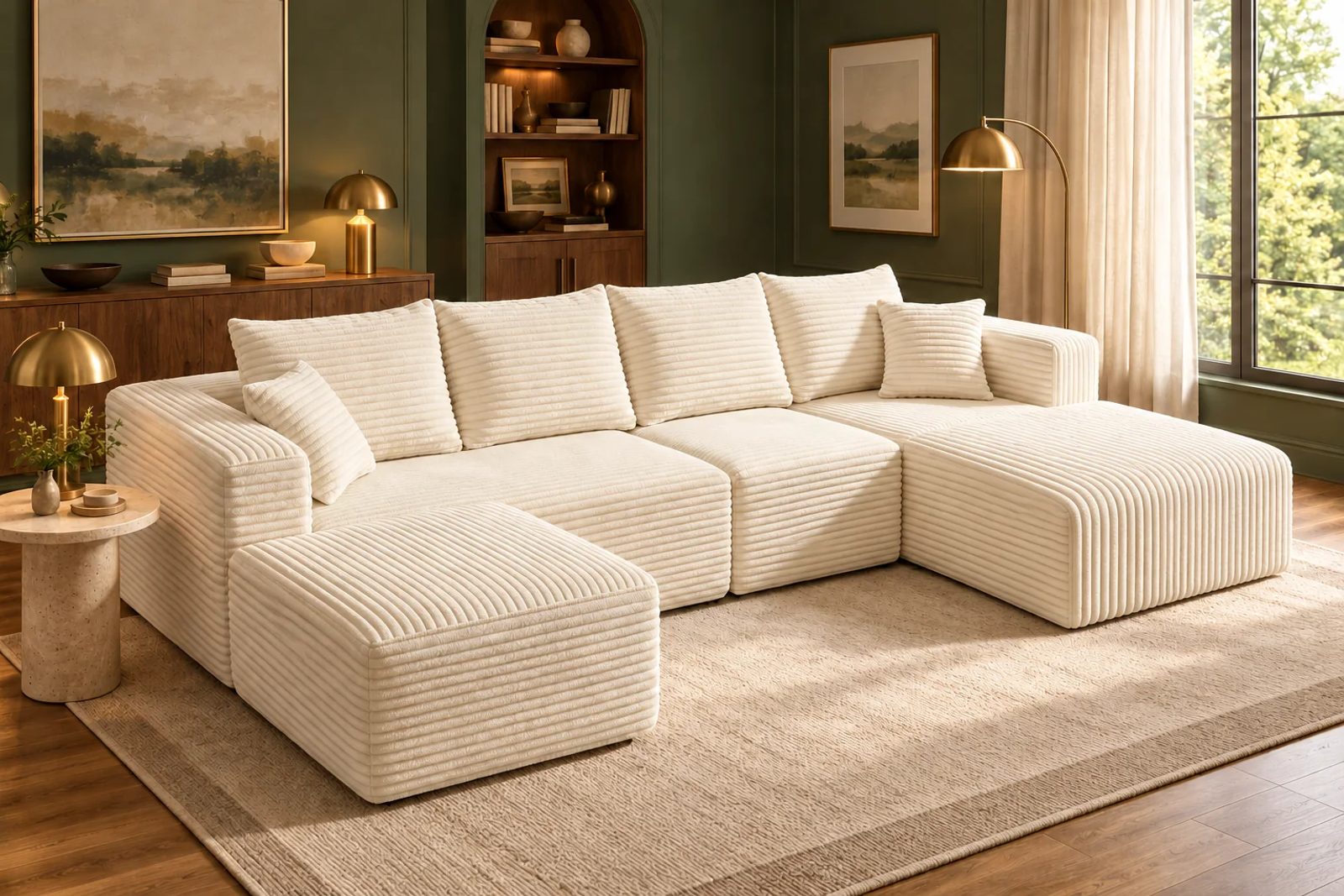 Cream White ULTI ONE THE BIG U compressed sofa in front of a forest-green feature wall with walnut furniture, warm brass details and a cream-and-olive rug.