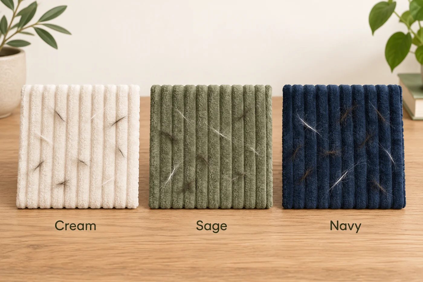 Illustration of light and dark cat hair against cream, sage and navy ribbed fabric samples