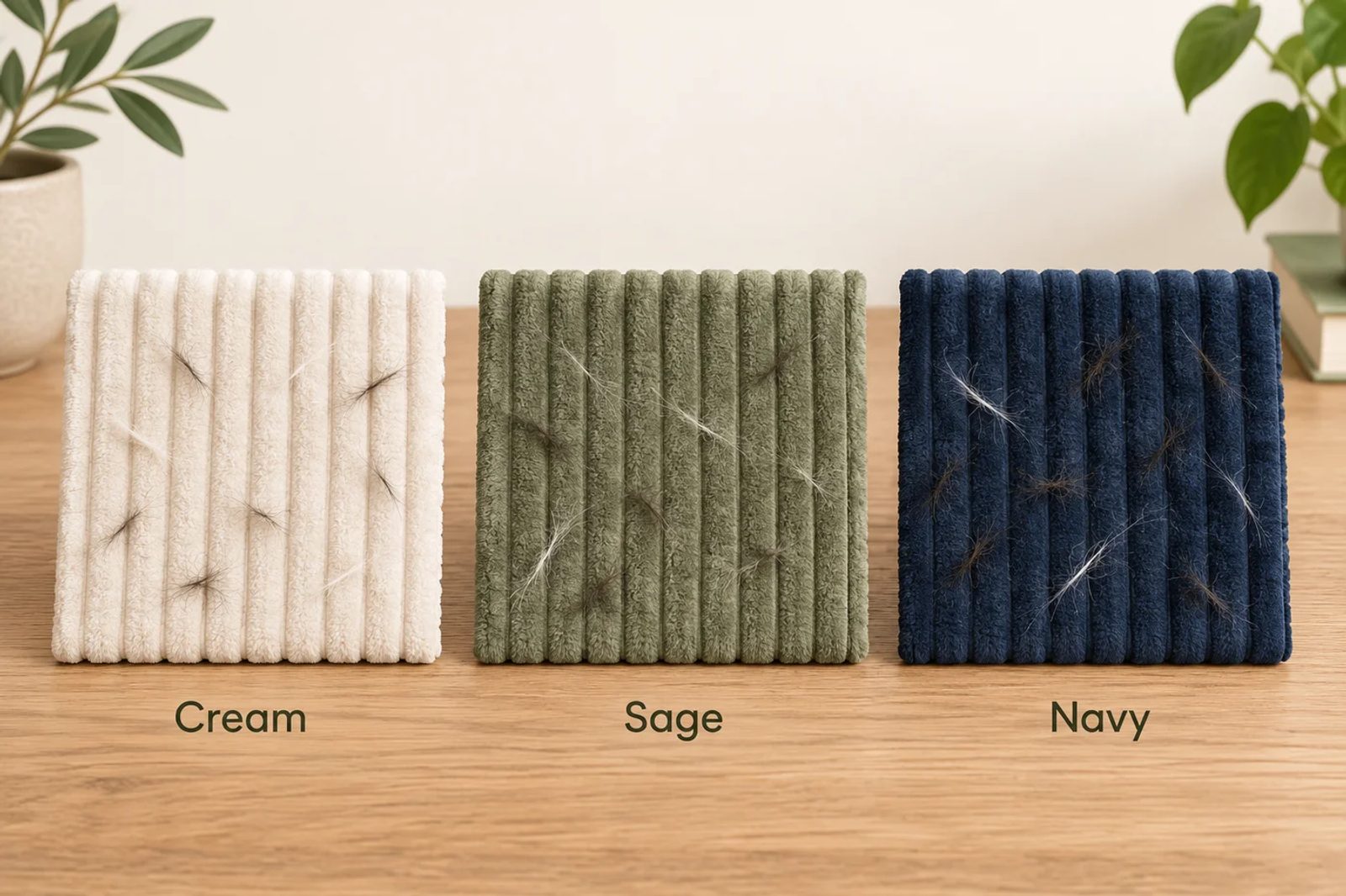 Illustration of light and dark cat hair against cream, sage and navy ribbed fabric samples