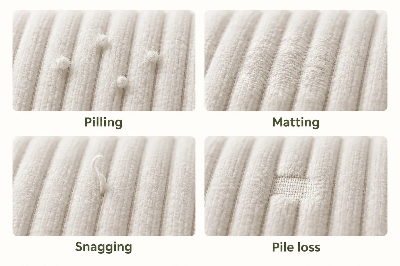 Illustration of four distinct corduroy surface changes: pilling, matting, snagging and pile loss