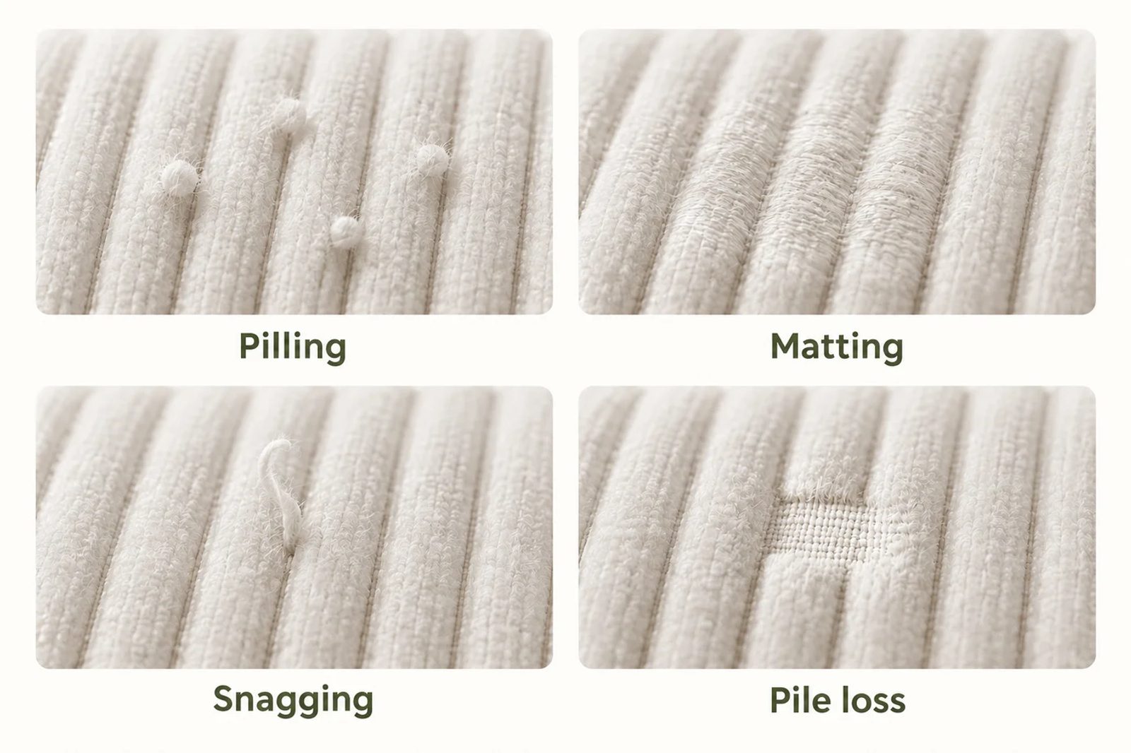 Illustration of four distinct corduroy surface changes: pilling, matting, snagging and pile loss