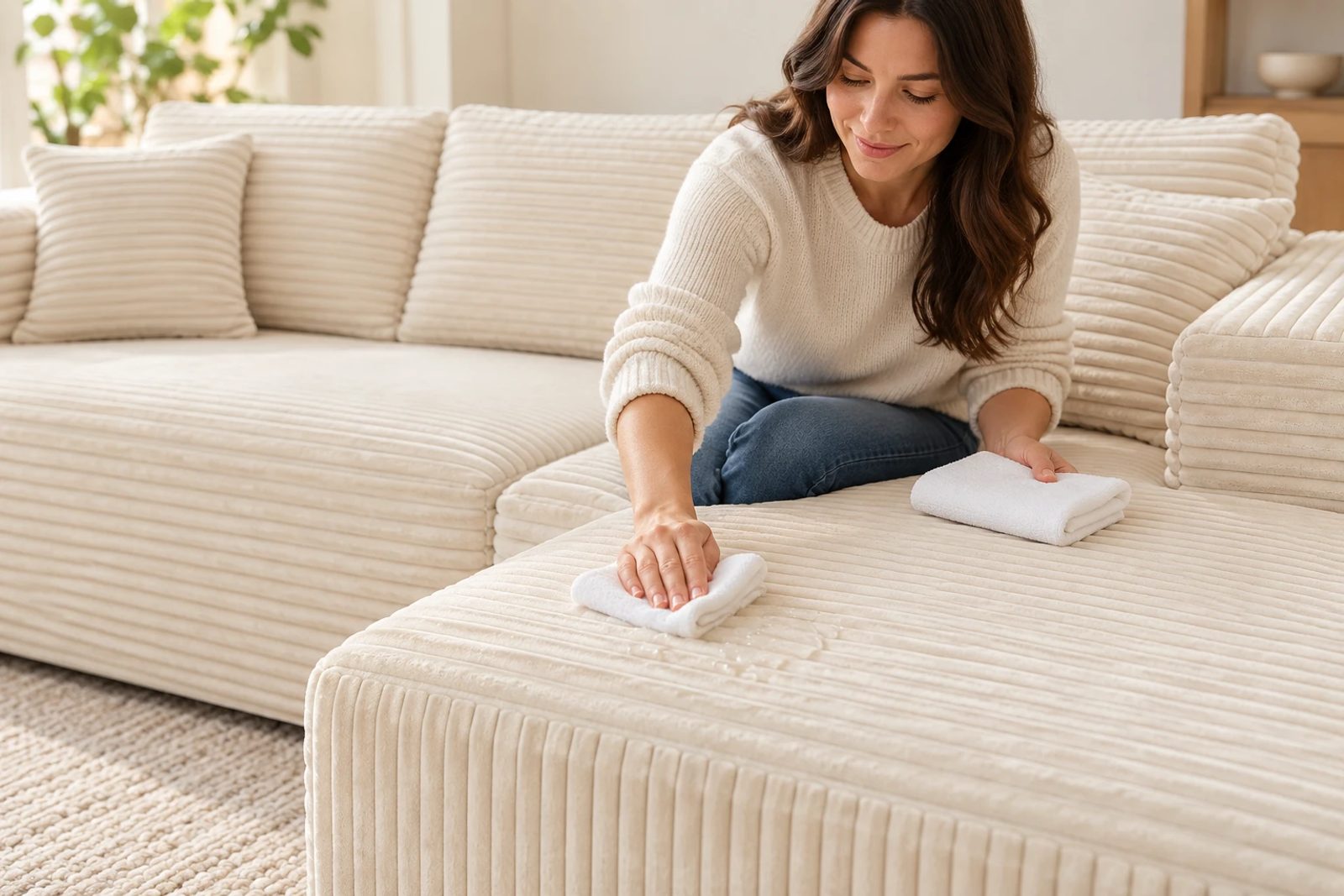 Press, lift and move to a dry fold as the cloth absorbs the spill.