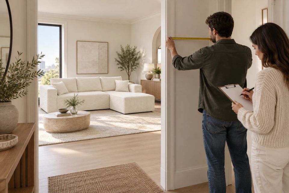 Two people measure a narrow doorway while a cream-white Ultione The L compressed sofa sits in the living room