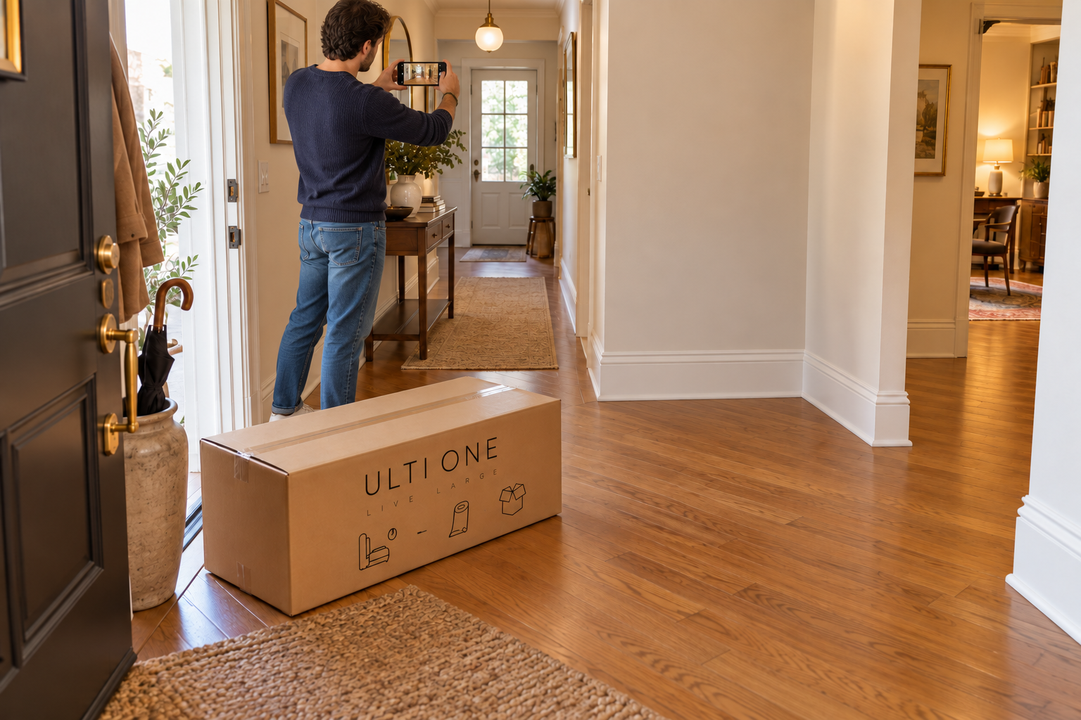 Taking a wide photograph of a hallway turn with the approach and exit visible.