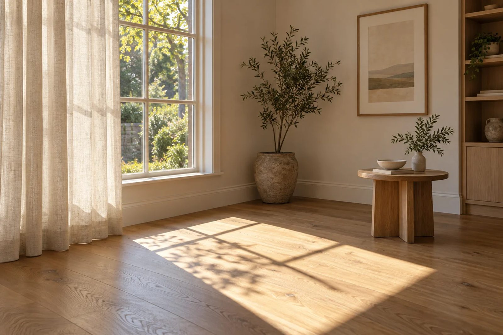 A linen curtain and a direct sunlight patch on an oak floor beside a window.