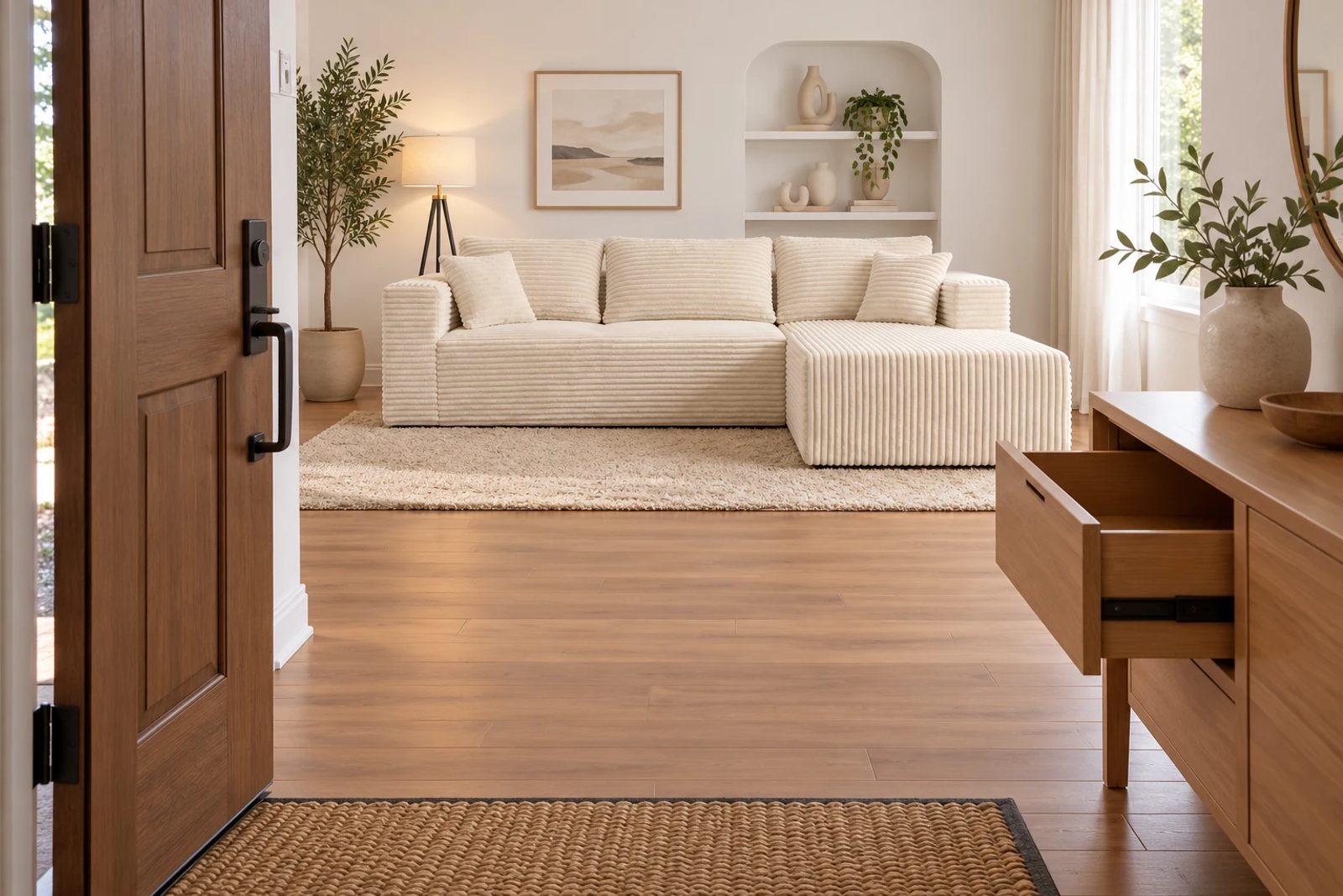 An open console drawer and swinging entry door show the space that must remain around a sectional.
