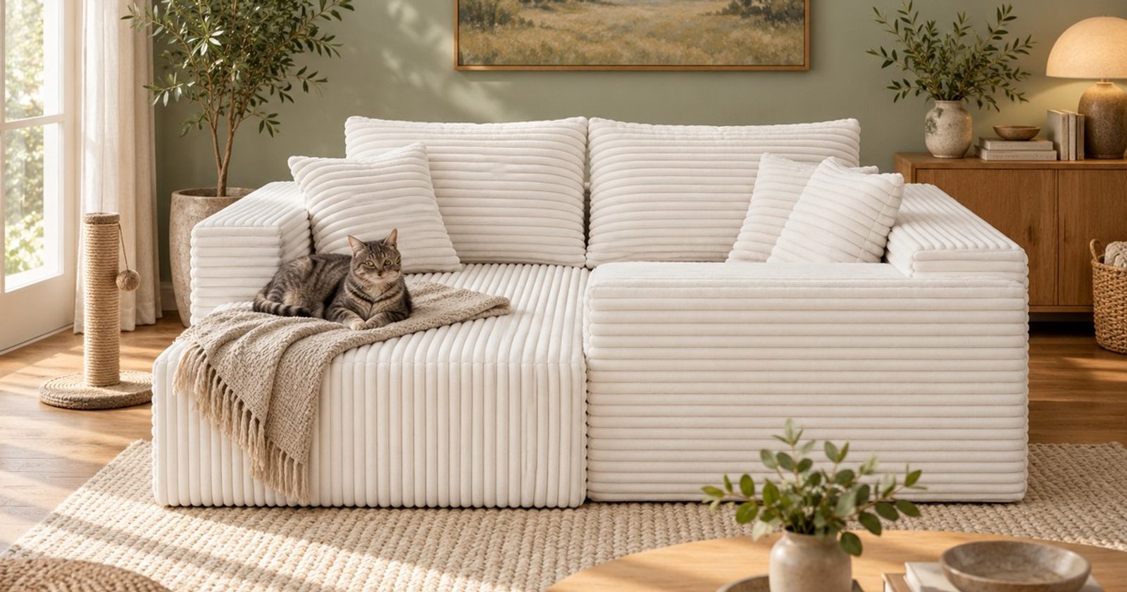 Illustration of a cream corduroy compressed sofa in a home with a cat