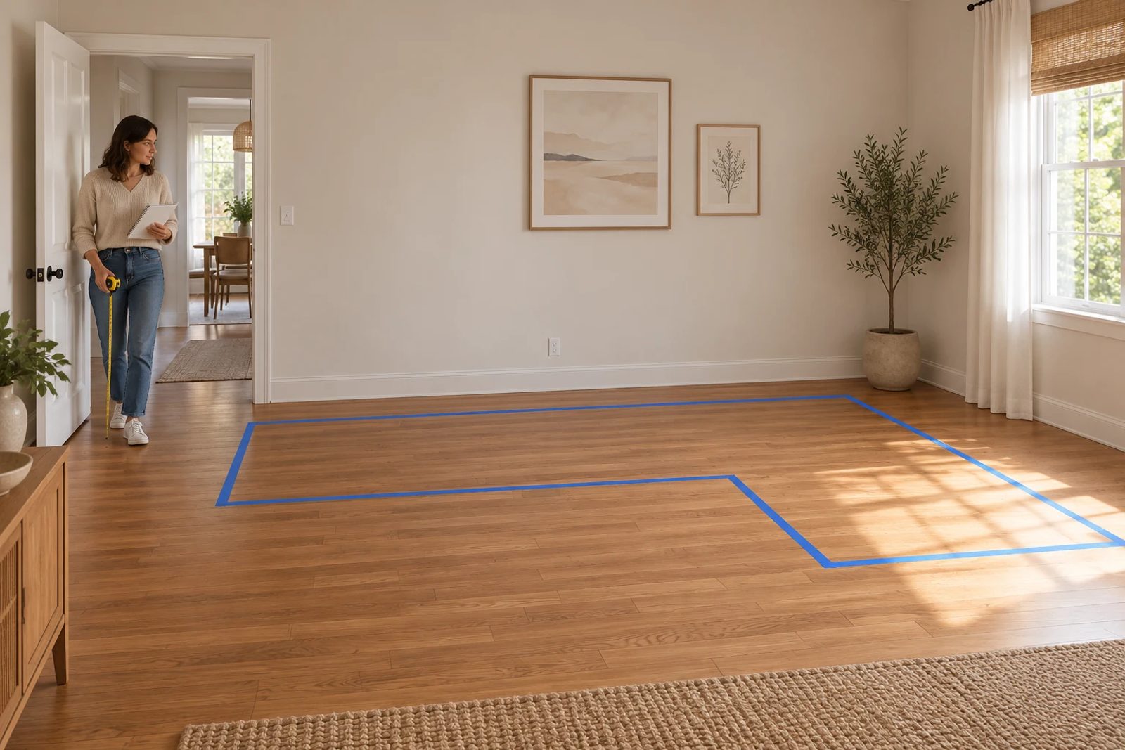 An adult checks an empty living room with a taped L-shaped floor outline and an open entry door.