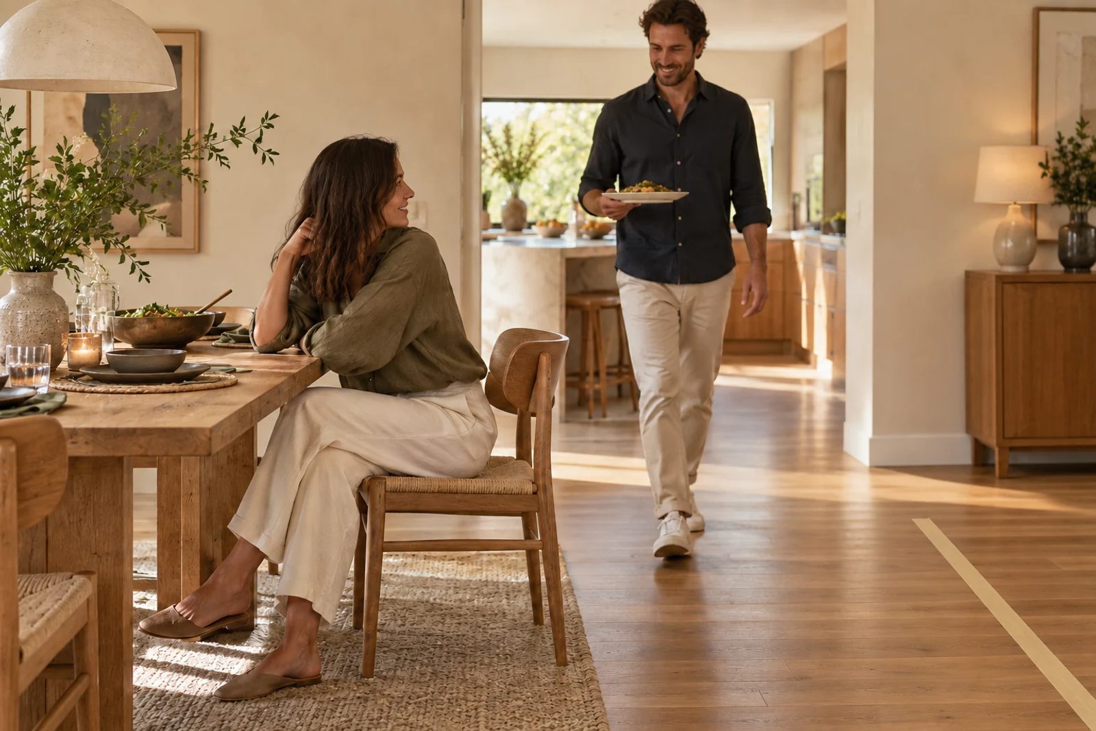 An occupied dining chair and an adult carrying a plate along the passage beside a taped sofa boundary.