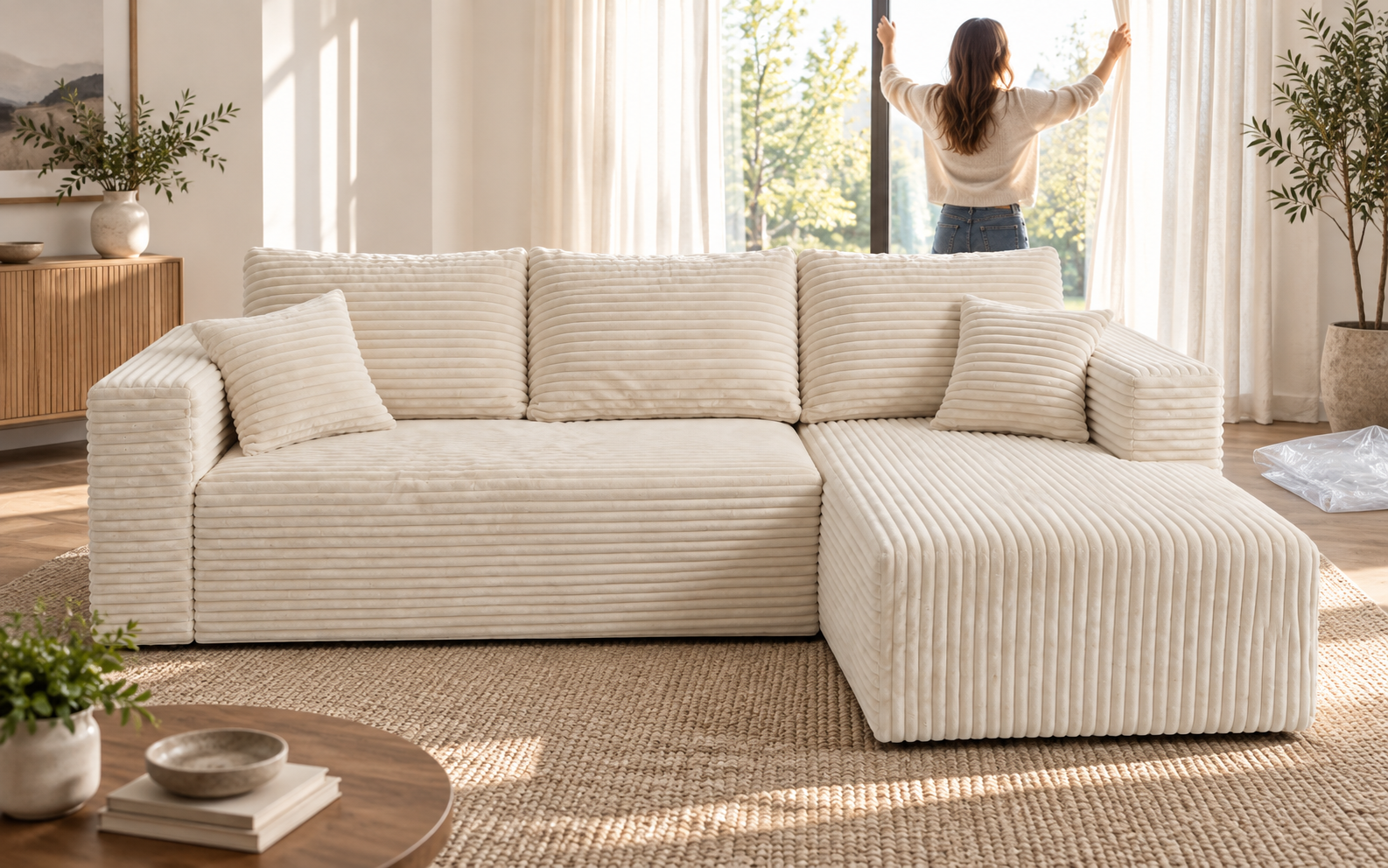 Cream-white compressed sofa shown in an unpacking and setup scene.