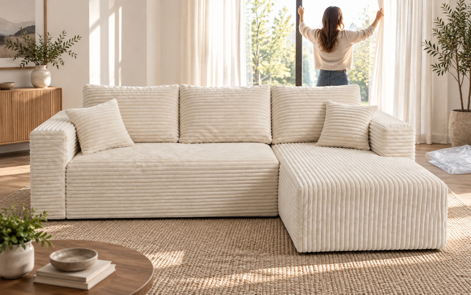 Cream-white compressed sofa shown in an unpacking and setup scene.