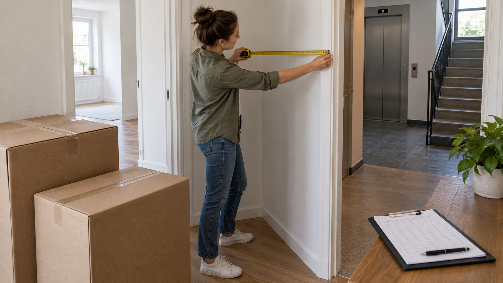 A person measuring a doorway along a residential sofa delivery route.