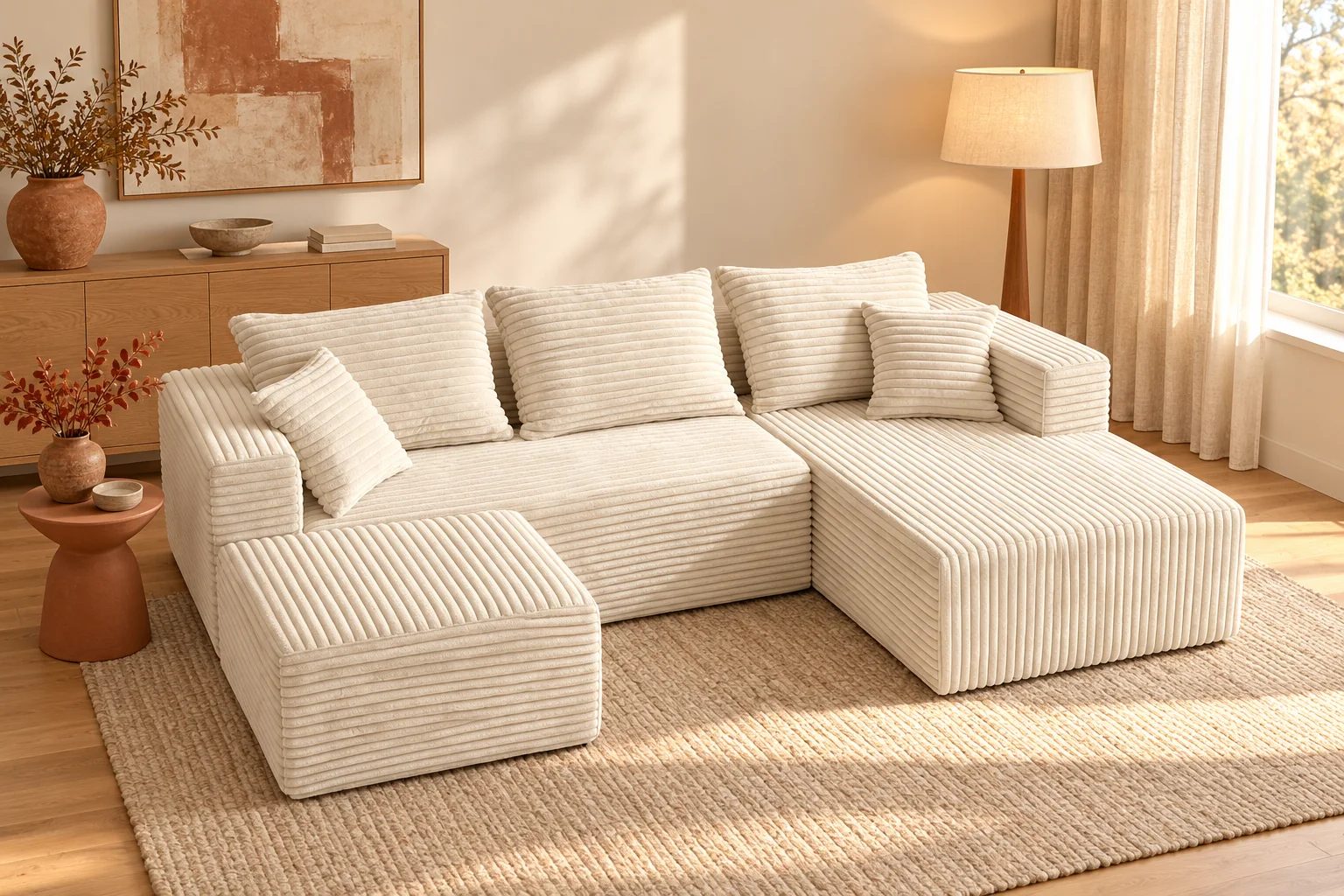 Cream White ULTI ONE THE U compressed sofa with its chaise and separate ottoman, terracotta accents, oak furniture and an oatmeal rug.