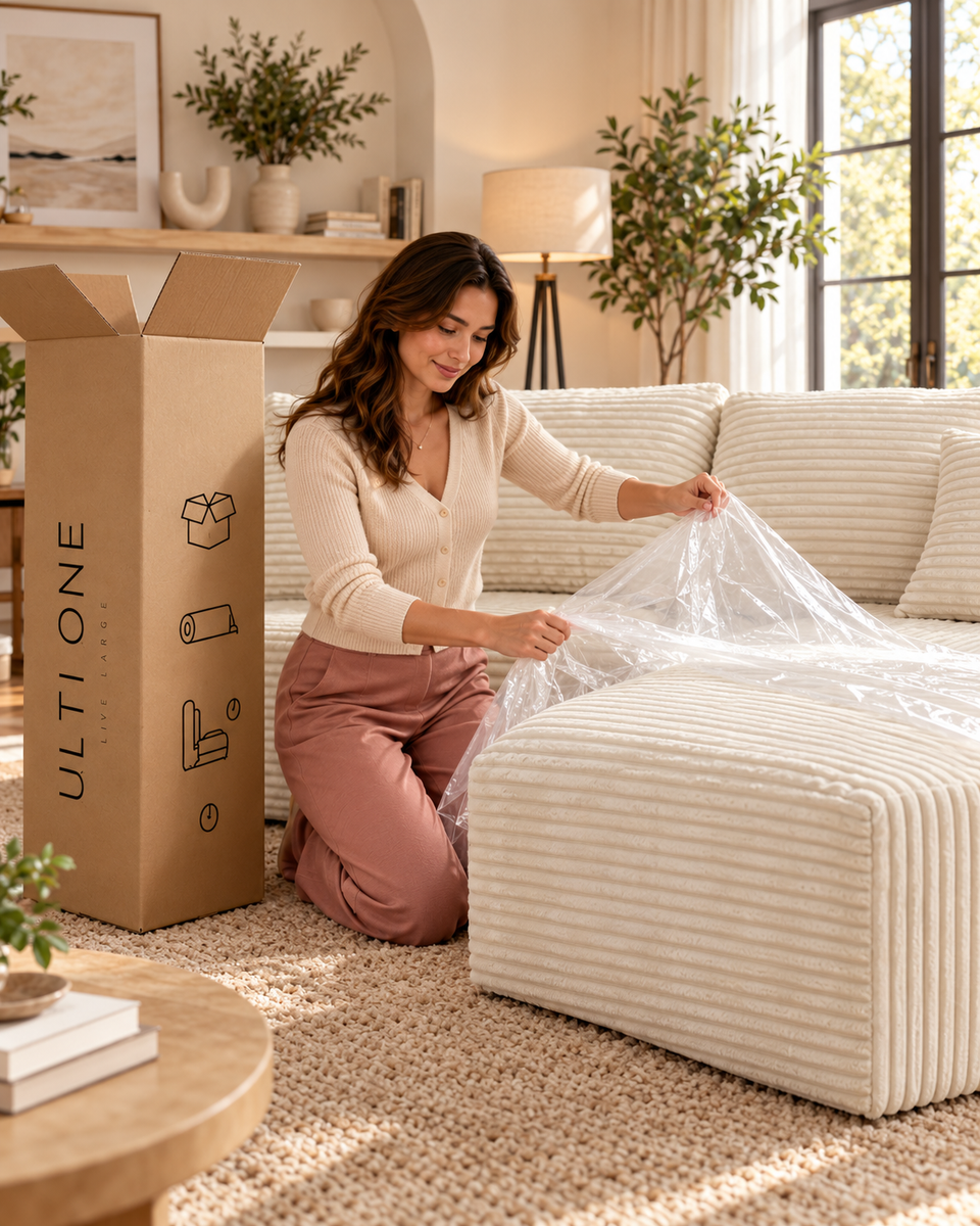 A woman removing protective wrapping beside a cream-white compressed sofa and an open carton.