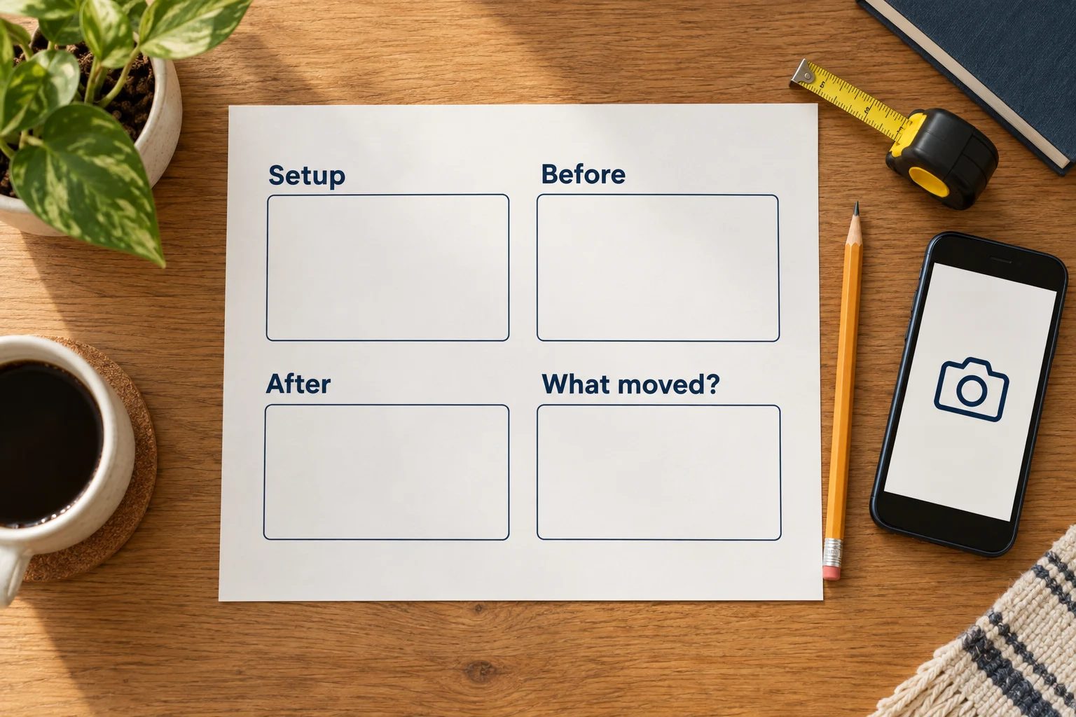 A blank worksheet provides places to record the setup, before and after positions, and the component that moved.
