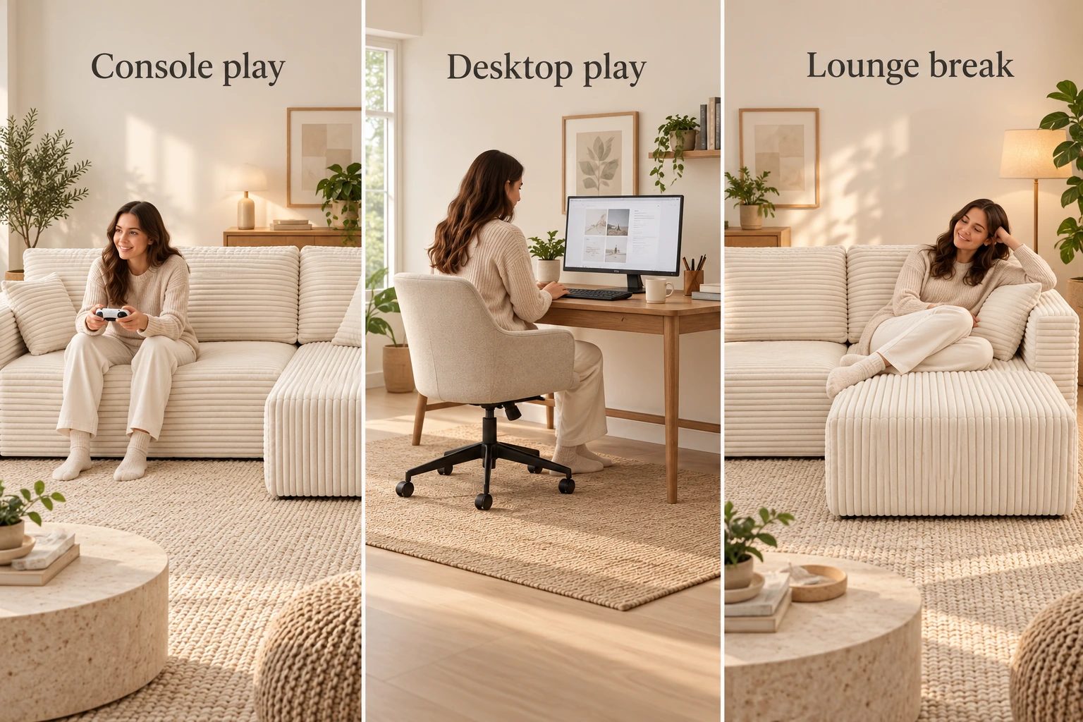 Three illustrated setups distinguish console play on a sofa, keyboard-and-mouse play at a desk, and a lounge break.