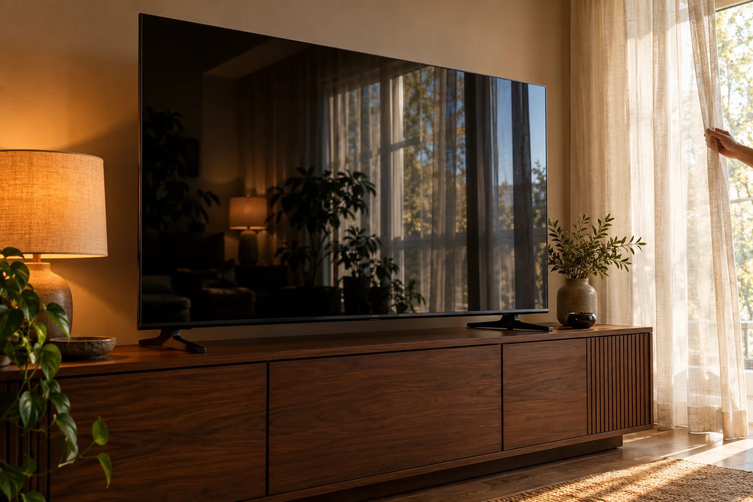 A window reflected in a dark television screen beside adjustable curtains.