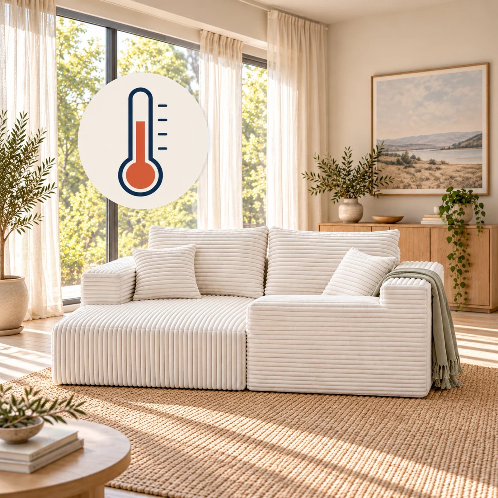 Cream corduroy compressed sofa beside a large thermometer symbol in a sunlit living room.