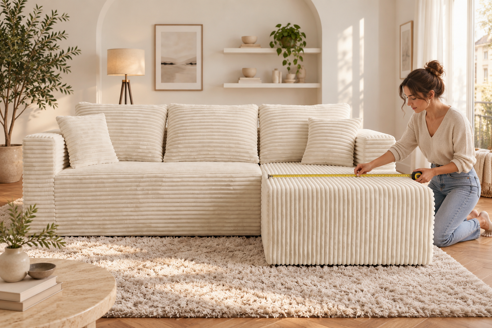 A homeowner measuring the outside span of a cream-white corduroy sofa.