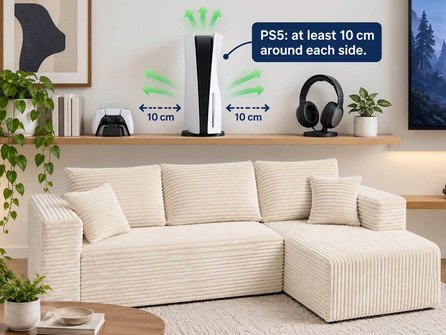 An explanatory diagram shows a PS5-style console on an open hard shelf with its ventilation space identified.