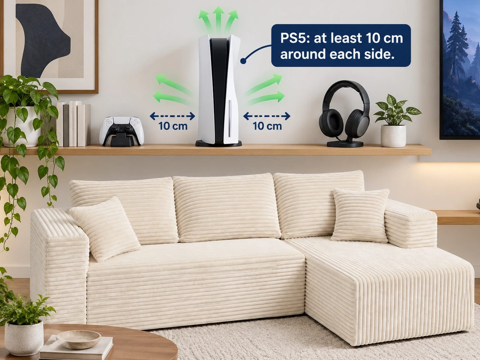 An explanatory diagram shows a PS5-style console on an open hard shelf with its ventilation space identified.