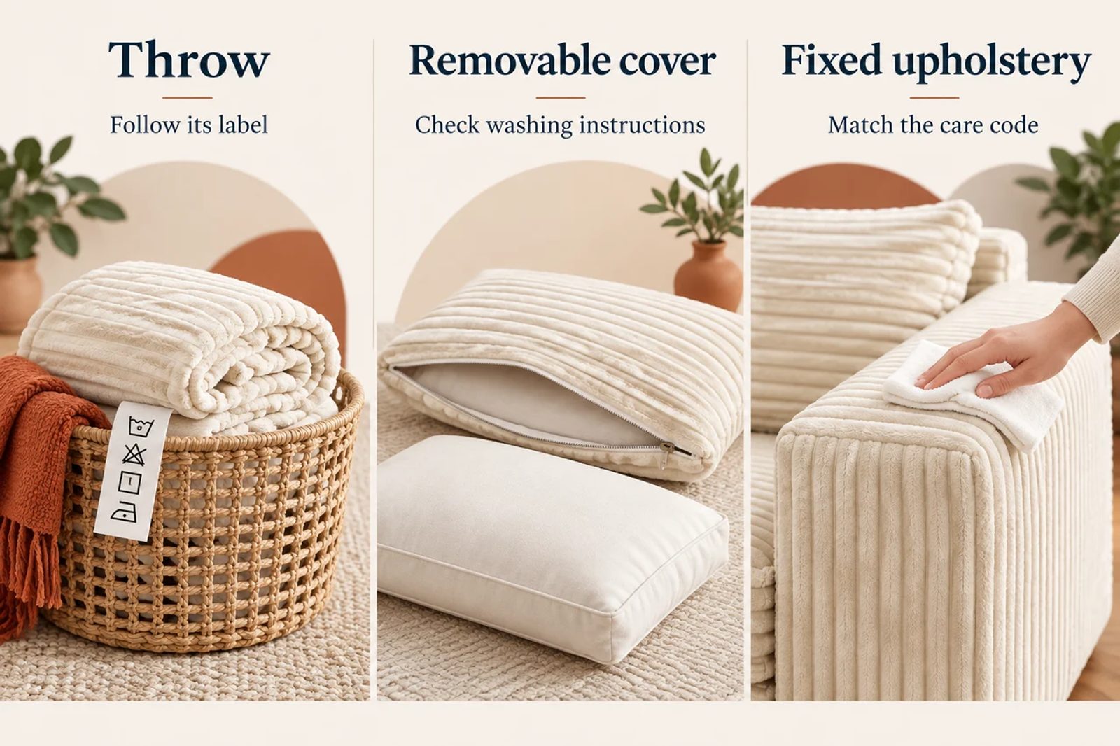 A throw, a removable cushion cover and fixed upholstery illustrate three separate care routes.