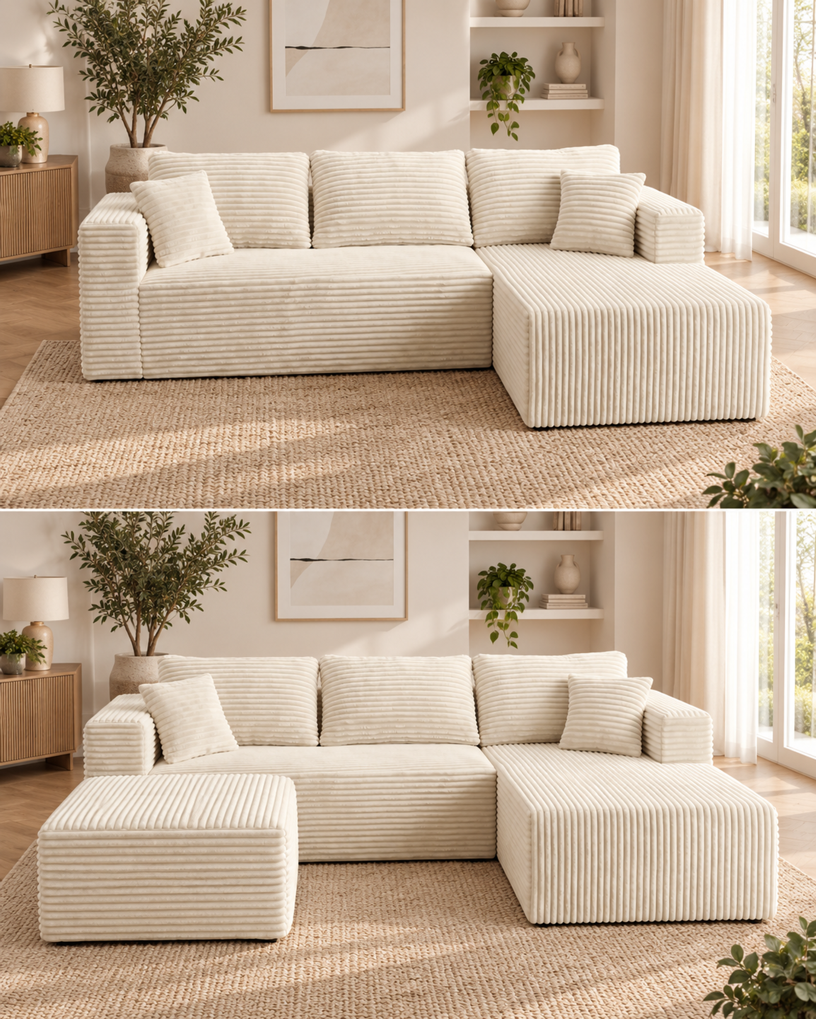 Cream-white compressed sofa layouts shown with and without the additional ottoman.