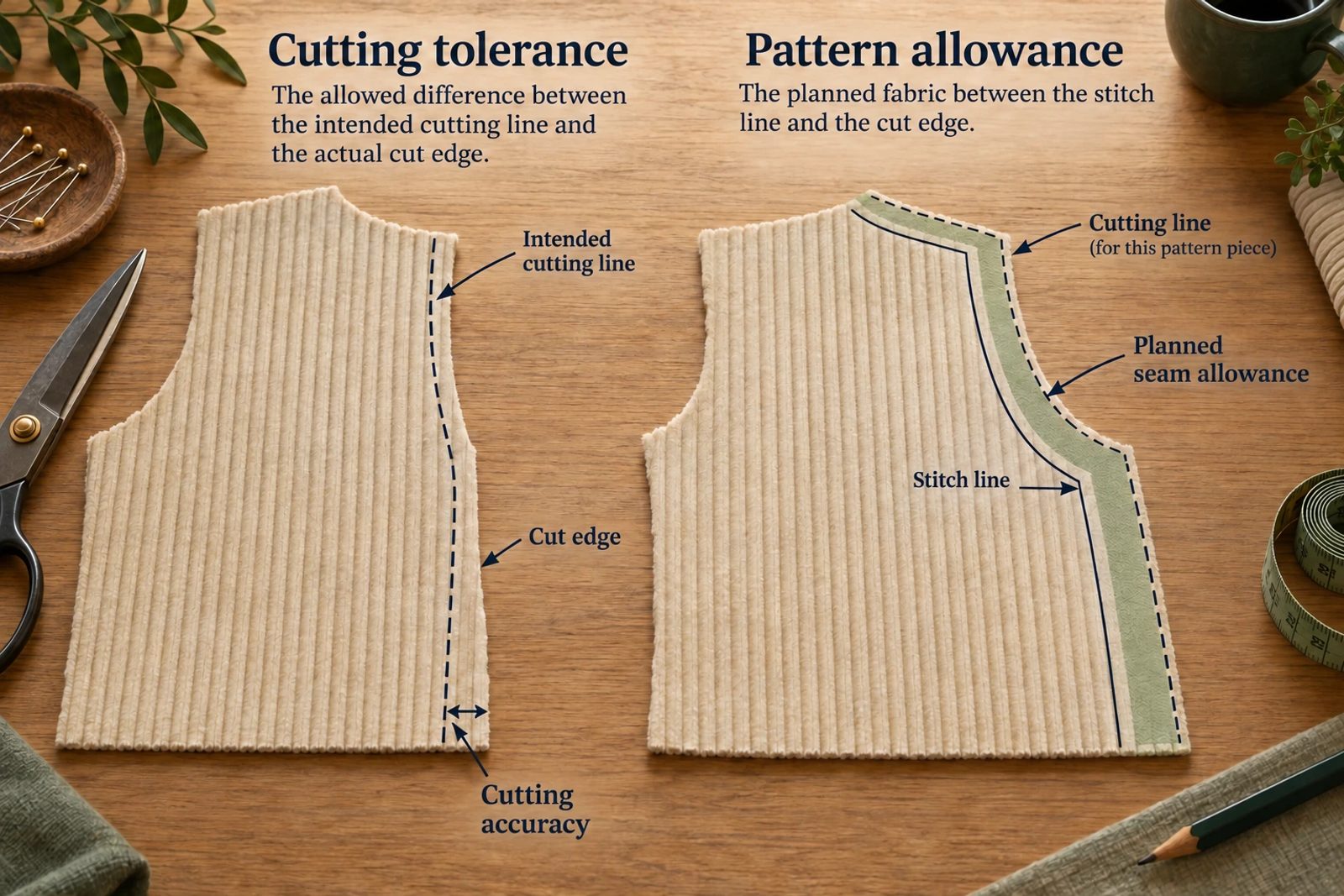 A pattern diagram separates cutting accuracy at an edge from planned fabric between a stitch line and a cut edge.