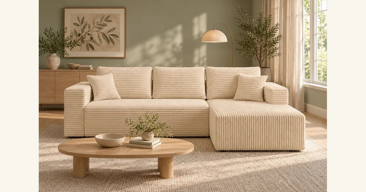 Cream White ULTI ONE THE L compressed sofa with its single chaise, pale oak furniture, sage accents and oatmeal rug.