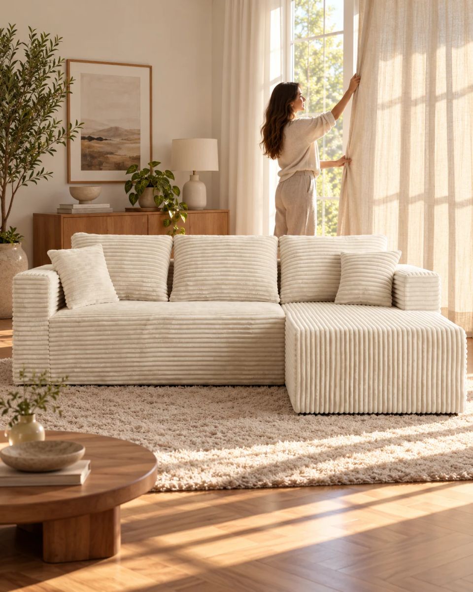 Woman adjusting a linen curtain behind a cream corduroy L-shaped sectional