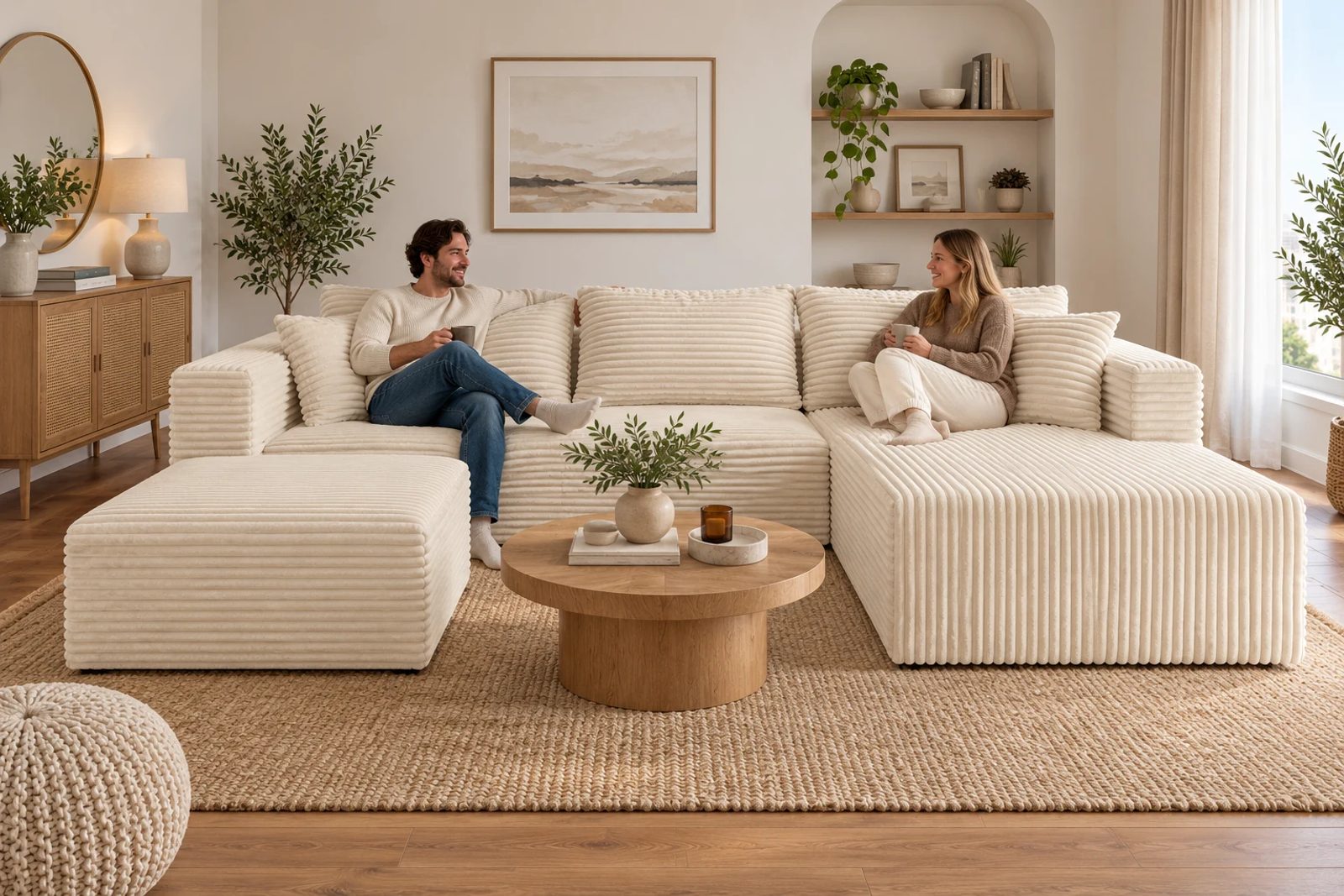 A cream corduroy U arrangement has a long right chaise and a smaller separate ottoman before the left seat.