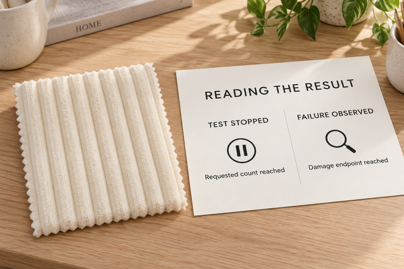 Cream wide-wale corduroy beside an illustrated explanation of a test stopping at a requested count versus reaching a damage endpoint.