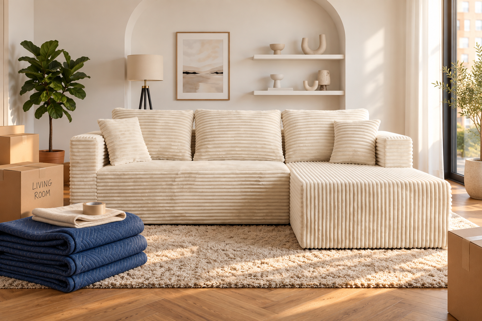 Clean moving blankets prepared beside a cream-white corduroy sofa.