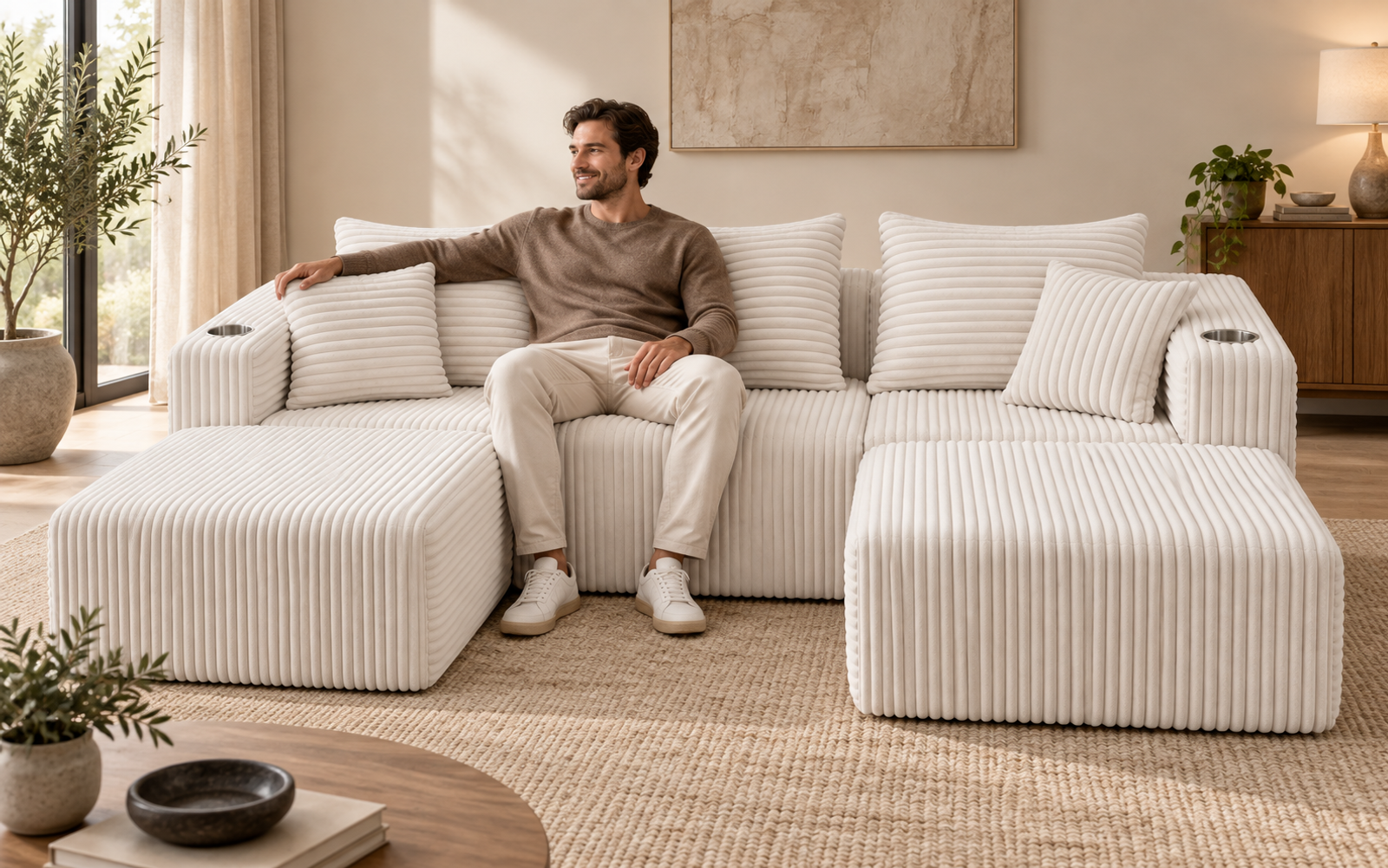 Man seated naturally on a white Ultione THE BIG UX frameless compressed sofa