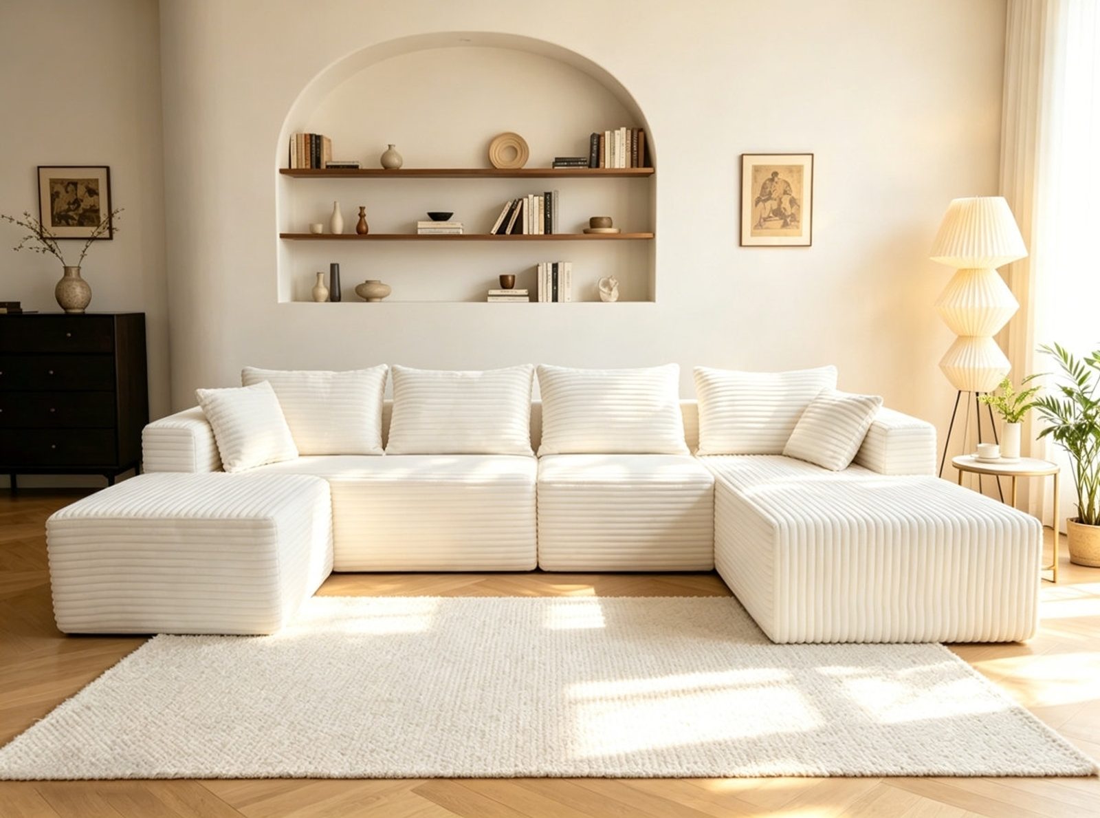 The Big U cream-white wide-wale corduroy compressed sofa in a daylight living room.
