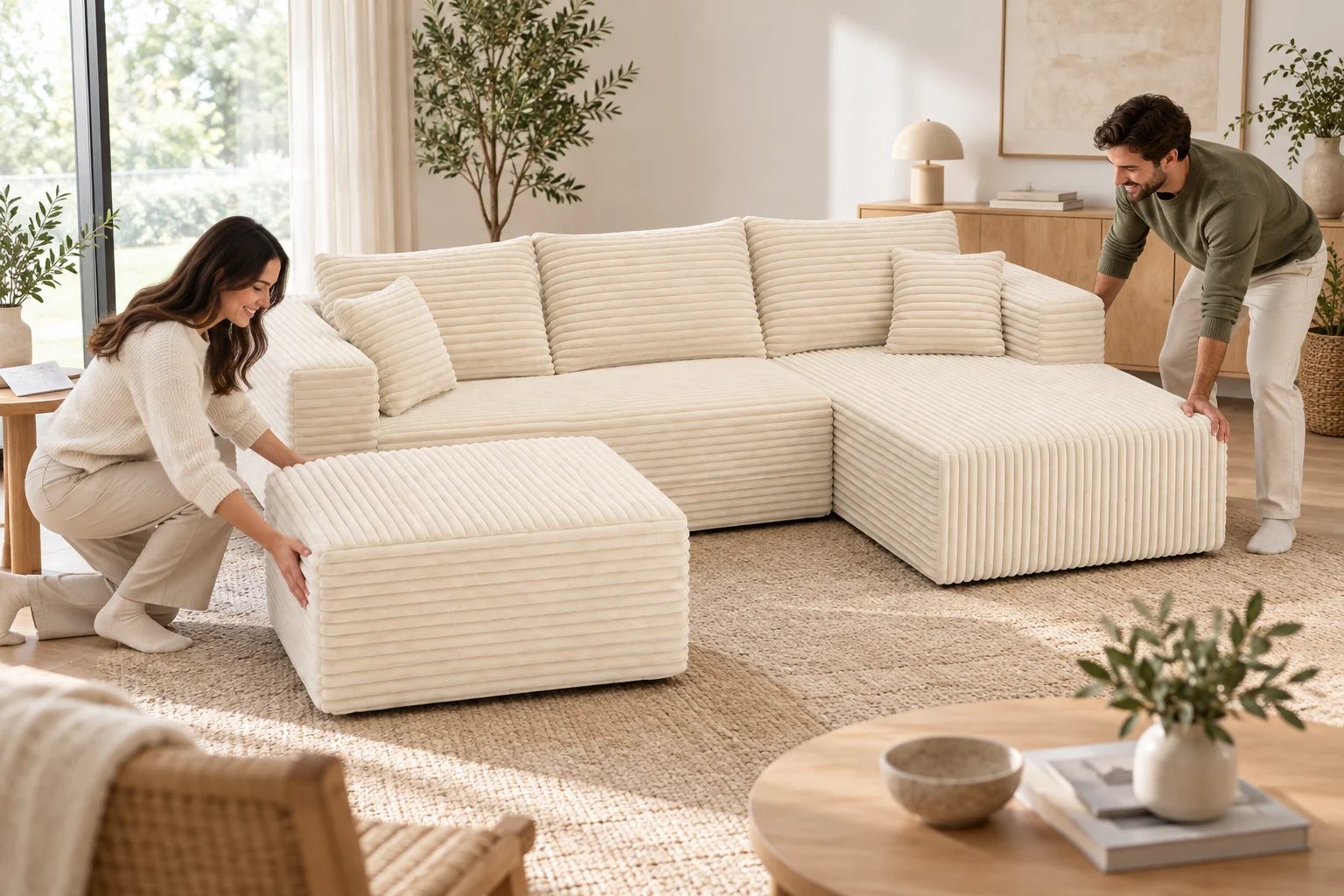 People positioning a cream-white modular compressed sofa layout.