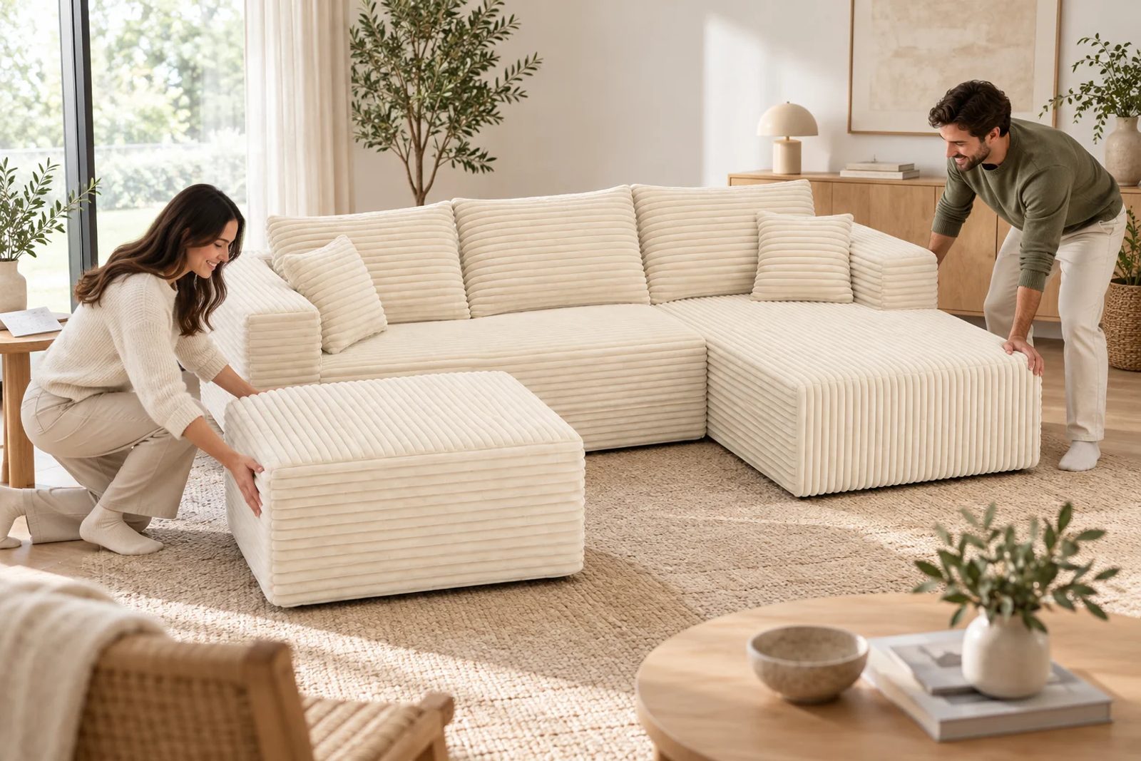 People positioning a cream-white modular compressed sofa layout.
