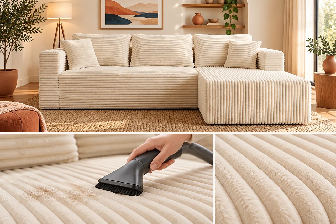 An upholstery vacuum attachment gently follows the grooves of cream wide-wale corduroy.